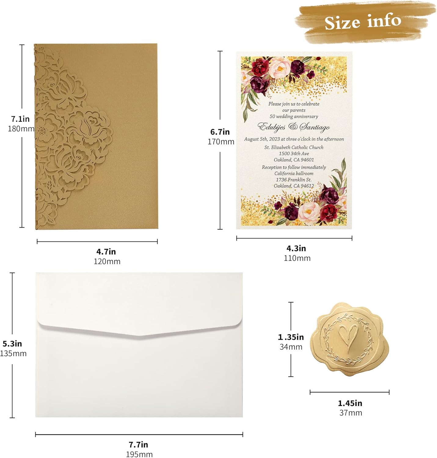 DORIS HOME 50pcs Laser Cut Wedding Invitations with Envelopes Gold, 4.7x7.1 Personalized Invitation Cards for Wedding, 50 Anniversary Invitations with Envelopes