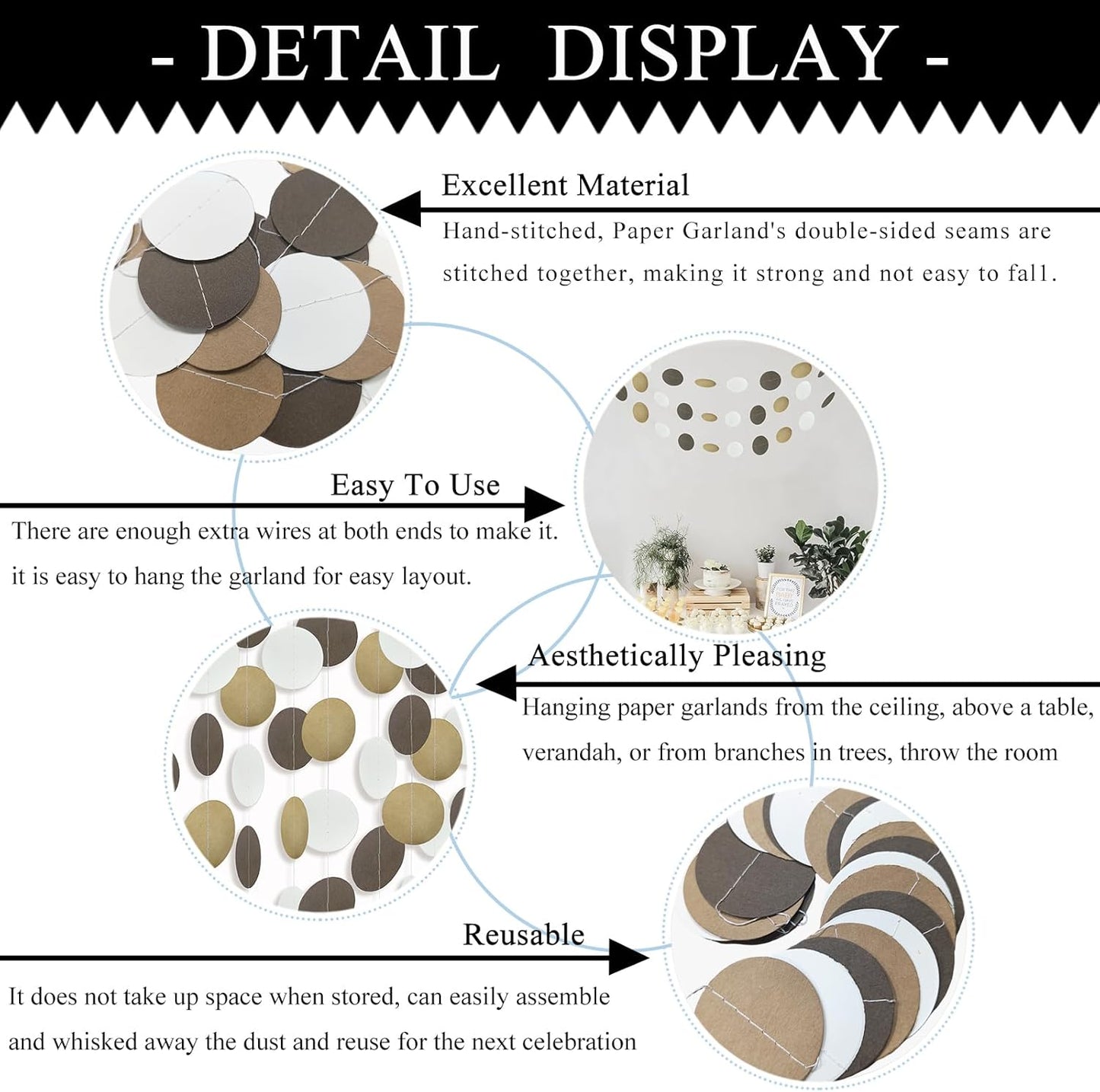 MerryNine Paper Garland 5 Pack, 50ft Glitter Paper Garland Circle Dots Hanging Decor, Banner for Baby Shower, Birthday, Nursery Party Decor (Brown Kraft Beige)