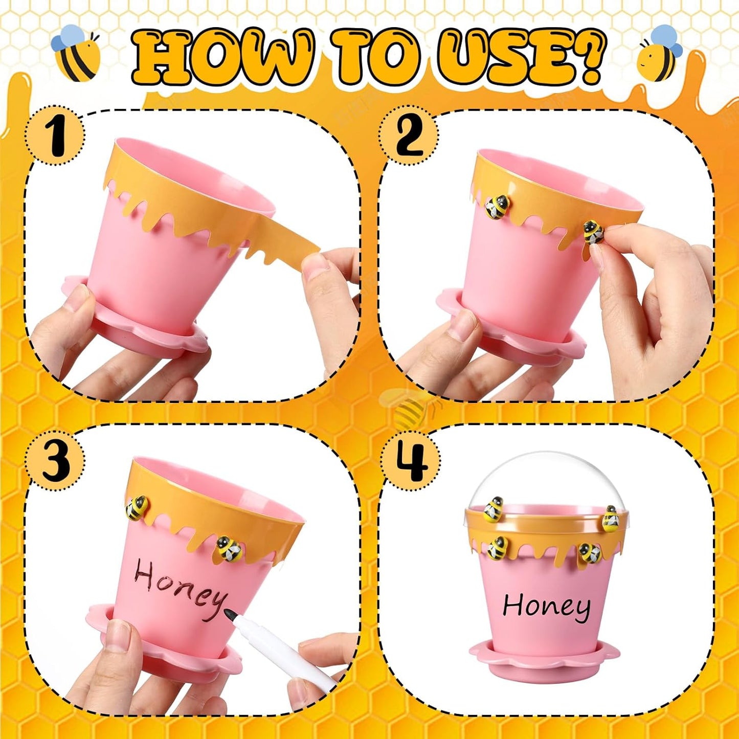 30 Sets Mini Honey Bee Pots with Lids, Spoon, Saucers and Bee Charms, 6.76 OZ Plastic Honey Jars for Cupcake Dessert Themed Party Favor Planter Baby Shower Birthday Wedding Decoration (Pink)