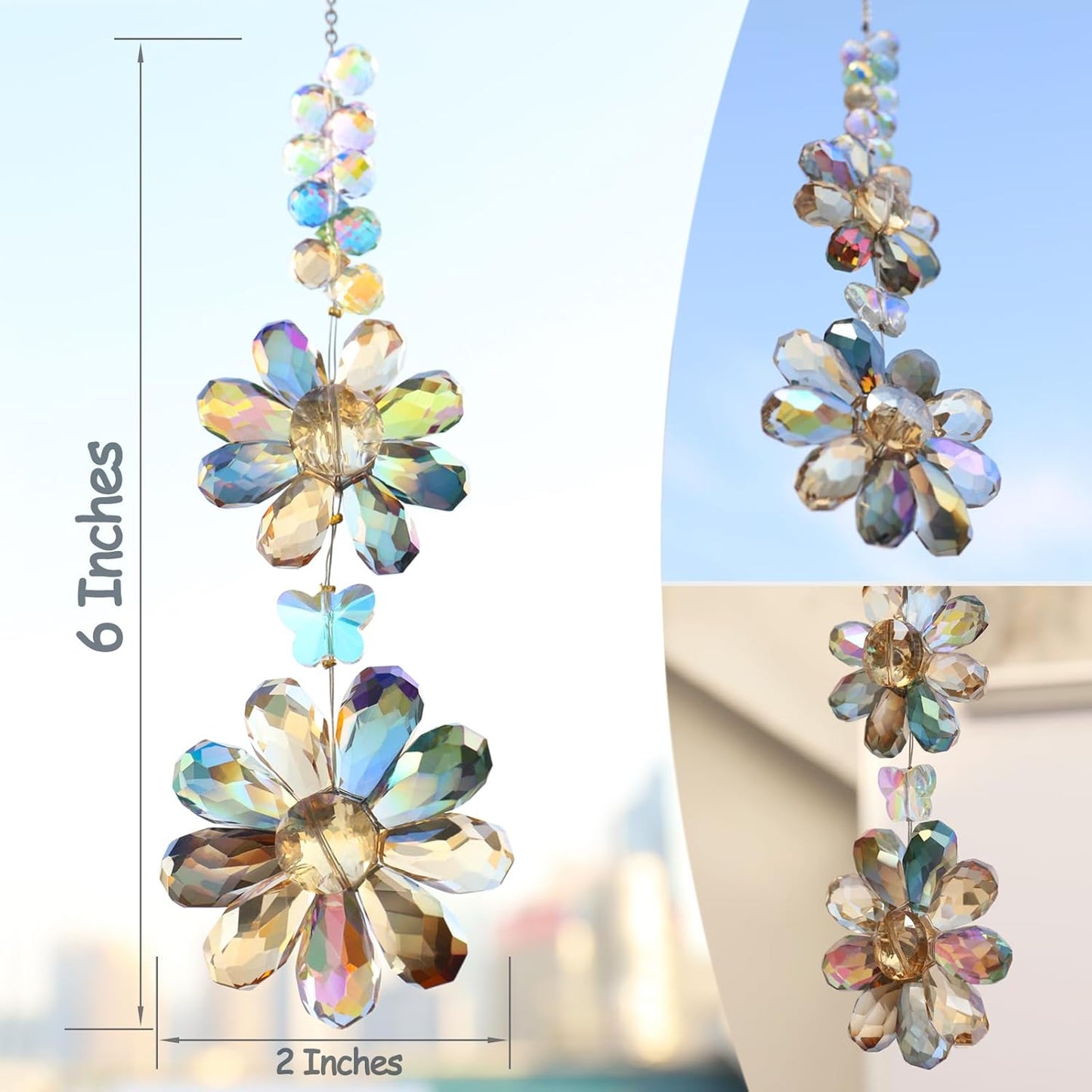 Crystal Flower Suncatcher Hanging Ornament, Rainbow Maker Window Sun Catcher Indoor Outdoor Patio Garden Decor (Deep Multicolor)