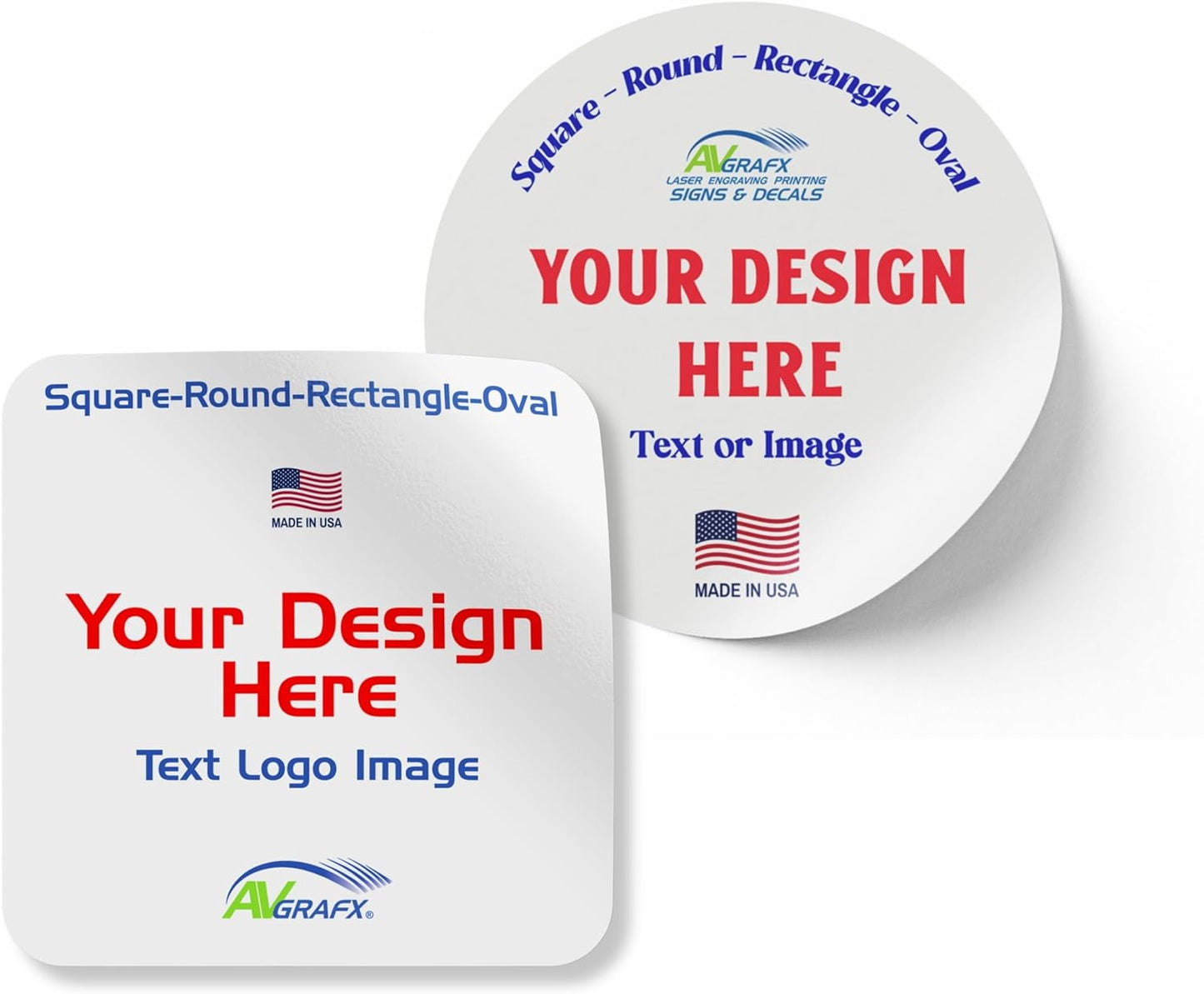 Avgrafx 110 Round or Square Custom Personalized Stickers Labels Vinyl Waterproof Dishwasher Safe, Made USA, Any Text or Image (4x4 Inches)