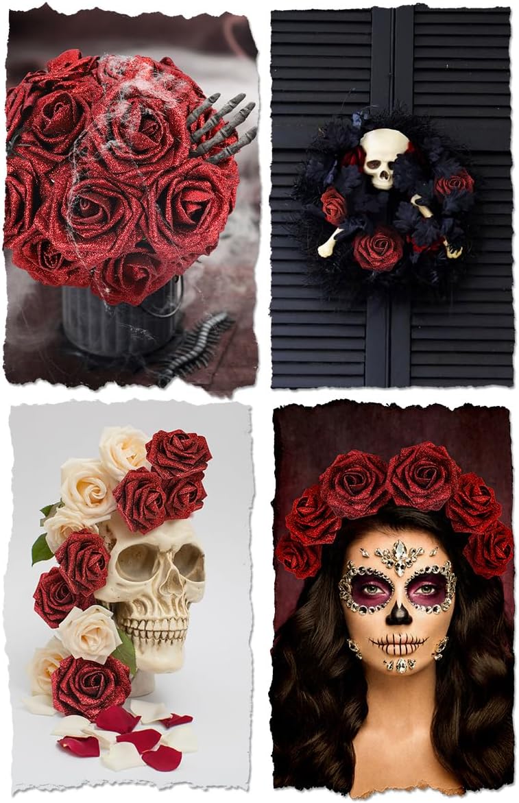 N&T NIETING Artificial Flowers Glowing Red Flowers Foam 50pcs Glitter Roses Real Looking Fake Roses with Stem for DIY Wedding Bouquets Centerpieces Bridal Shower Party Mother's Day Home Decorations