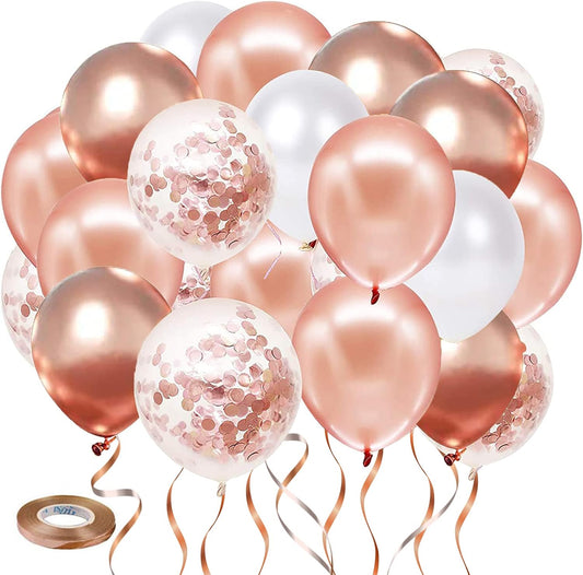 Rose Gold Confetti Balloons, 50pcs 12 Inch Metallic Confetti White and Rose Gold Latex Balloons with 33 Feet String for Birthday Party Wedding Anniversary Gender Revea Decorations