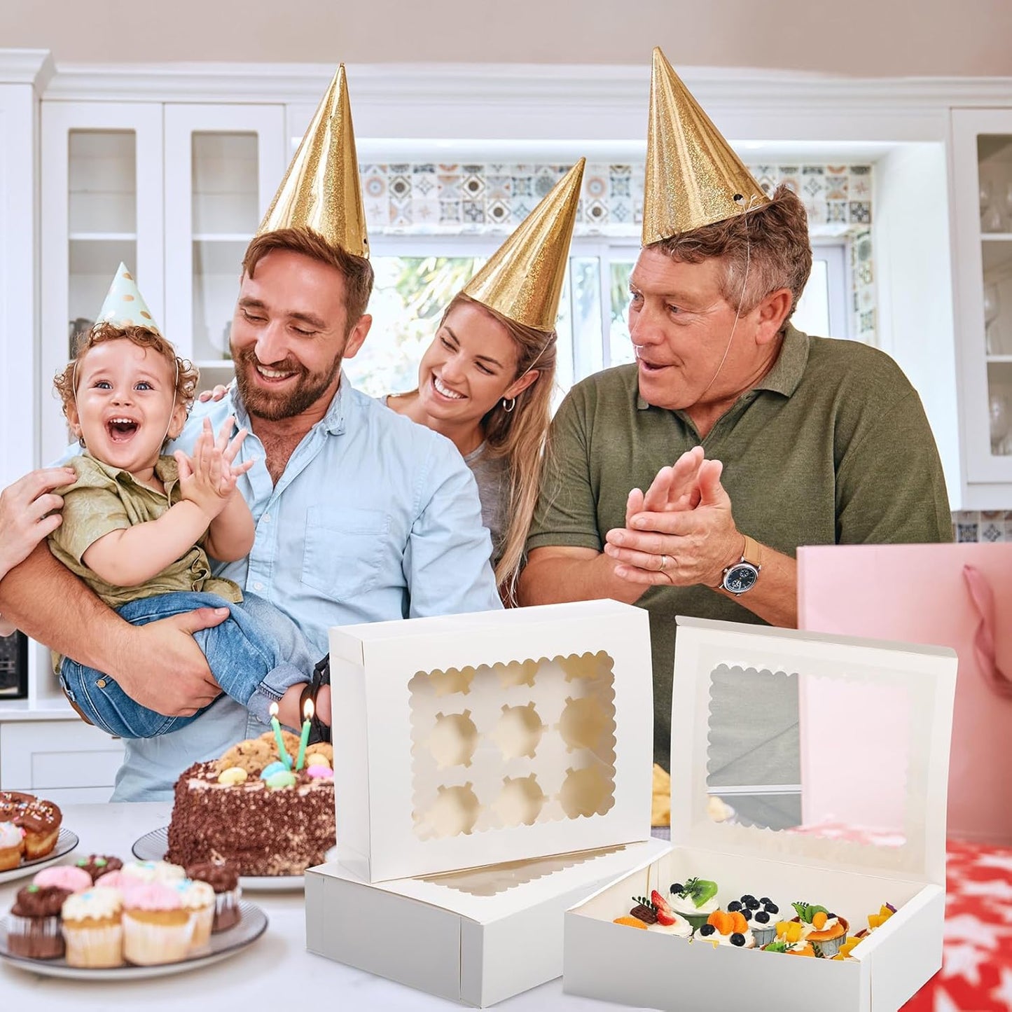 36 Pack Cupcake Boxes Hold 12 Standard Cupcakes Disposable Cupcake Containers with Window and Insert Cupcake Carrier with Thanks Card and Jute Rope to Muffins Cupcakes Cookies Gift Wrapping