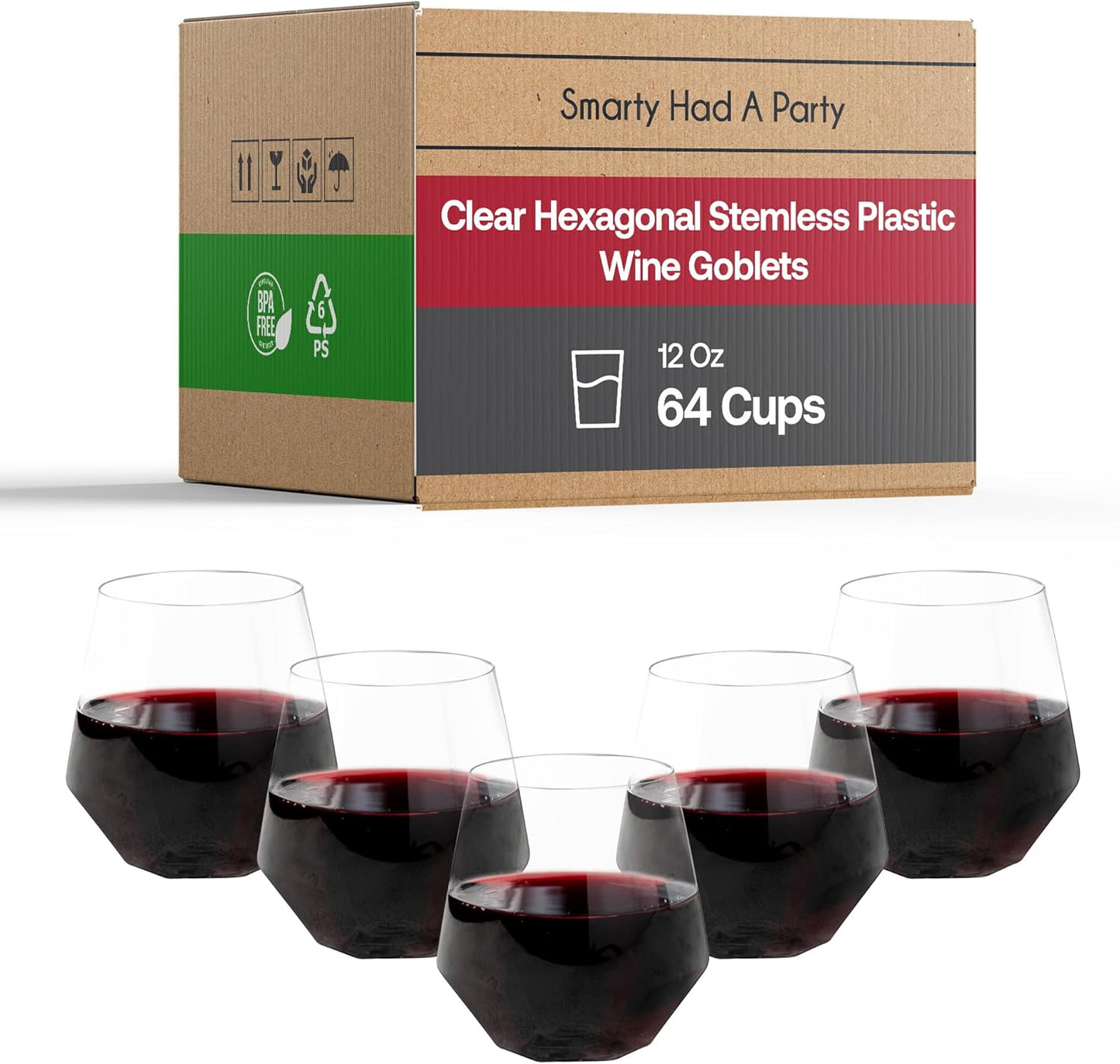 Smarty Had A Party 12 oz Wine Goblets Pack of 64 Clear Stemless Plastic Goblets, Unbreakable and Disposable for Parties and Events