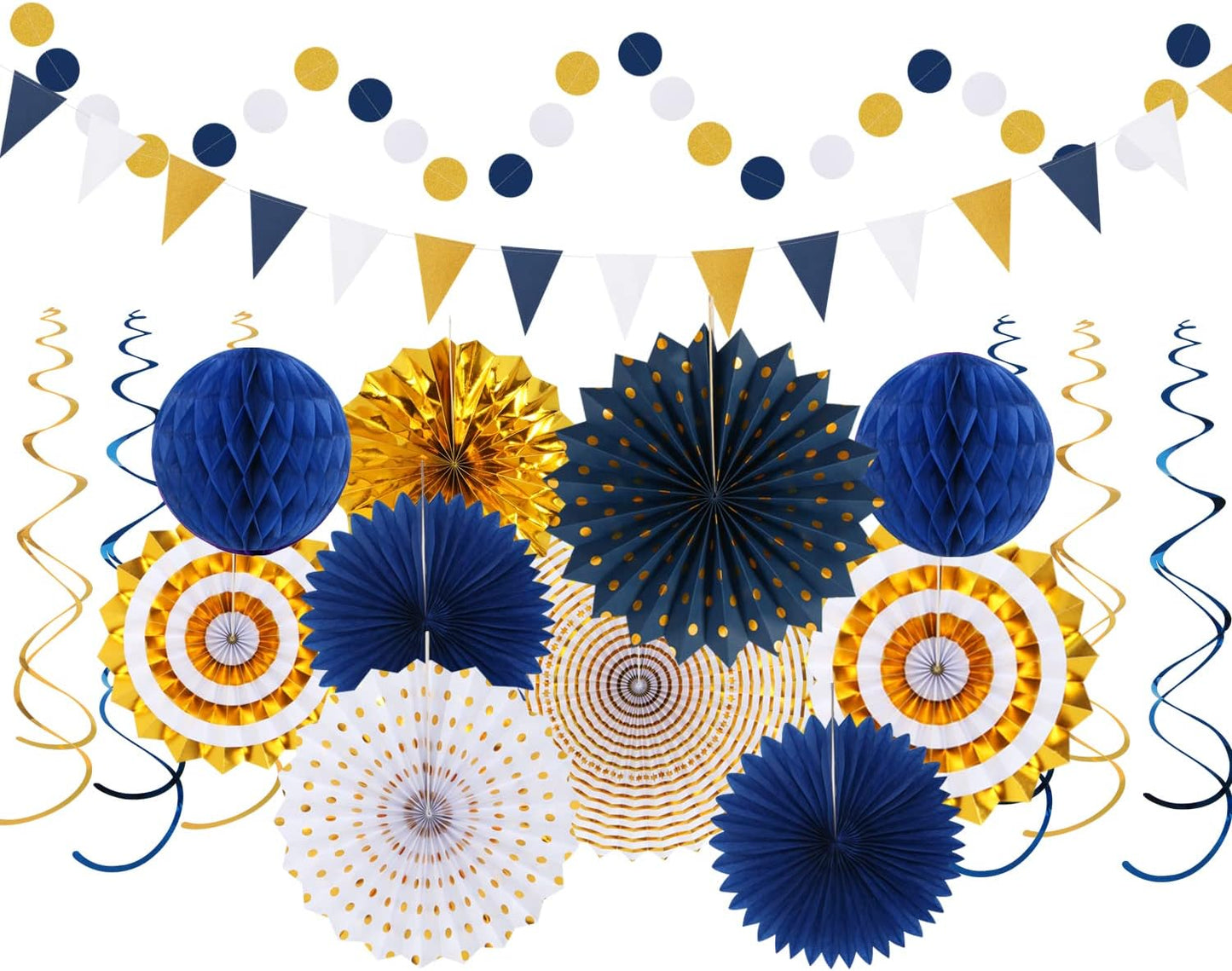 Navy-Blue White-Gold Graduation Party-Decorations - 33pcs Kits Banner, Streamers Tassel Garland,Tissue Pom Poms Honeycomb, Paper Lantern Fans,Wedding Birthday Baby Shower Backdrop Ceiling Decor Hugtmr