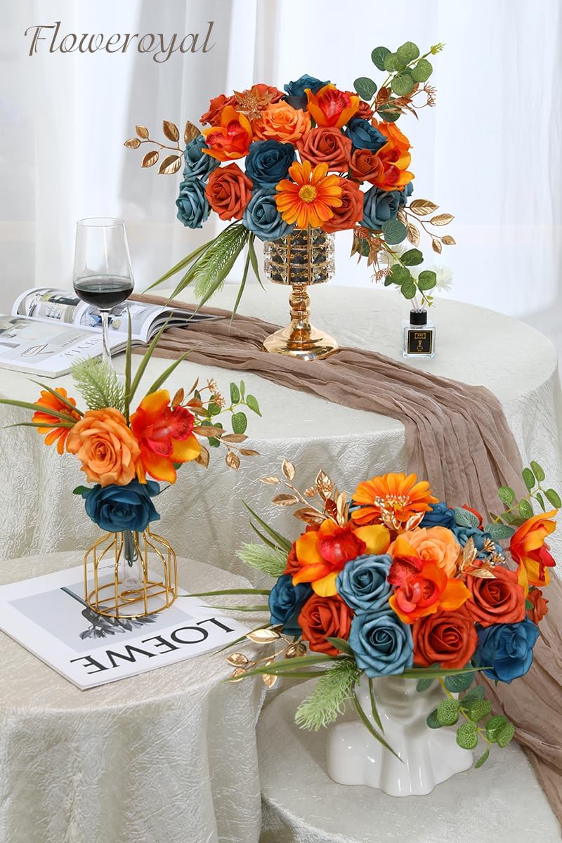 Floweroyal Artificial Flowers Combo Orange Flowers Mix Silk Flowers Fake Roses with Stems for DIY Wedding Bridal Bouquets, Baby Shower, Floral Arrangement, Table Centerpieces, Home Decorations