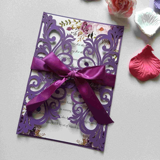 25PCS Dark Purple Laser Cut Wedding Invitations Cards with Envelopes,Blank Inner Sheets,Ribbons for Wedding Bridal Shower Quinceañera Engagement Birthday Invites