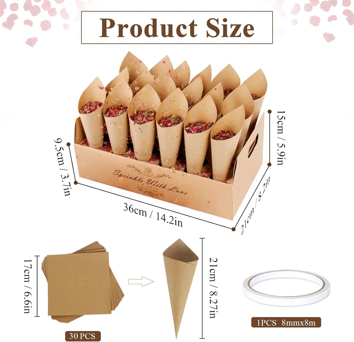 30 Pieces biodegradable confetti Cones and Stand Tray Paper Cone Box 30 Holes Suitable Placing Dried Flower Petals Confetti for Wedding, Engagement, Party, Birthday (Kraft)
