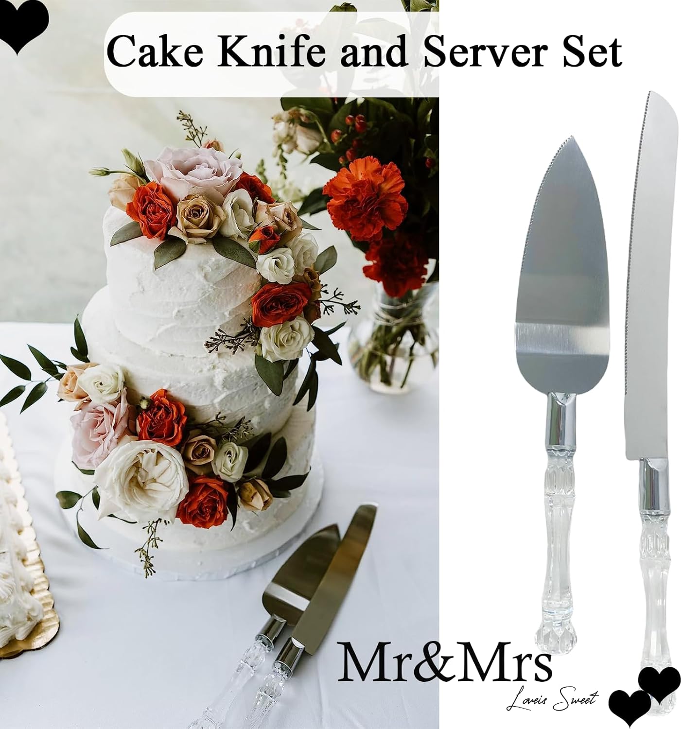 Adorox Cake Knife and Server Set Acrylic Stainless Steel Faux Crystal Handle Holiday Thanksgiving Christmas