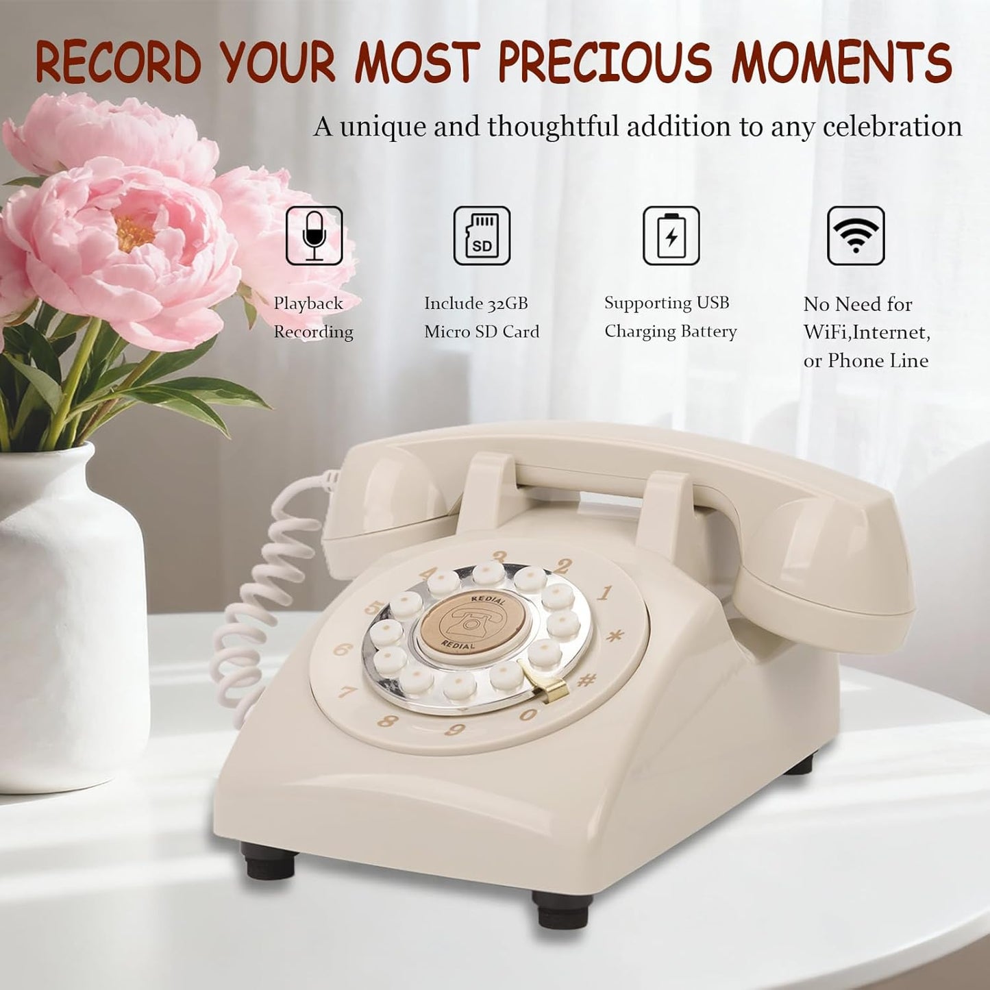 Audio Guest Book Wedding Phone, Audio Phone Guestbook Leave a Message Phone for Bridal Shower Birthday Party Baby Shower Anniversary Engagement Daily (Beige)