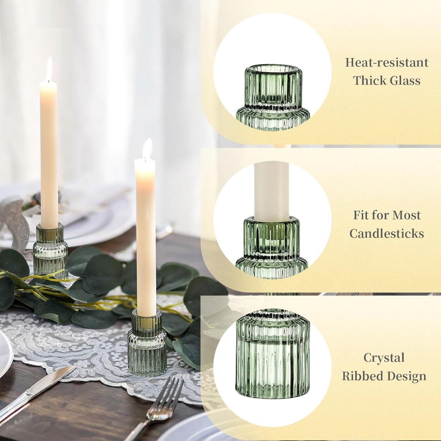 Hewory Glass Taper Candle Holders: 10 PCS Green Vintage Candle Holder Candlestick Holders Bulk, Ribbed Glass Candle Holder Candle Sticks Holder Decor for Table Centerpiece Wedding Christmas Home Decor