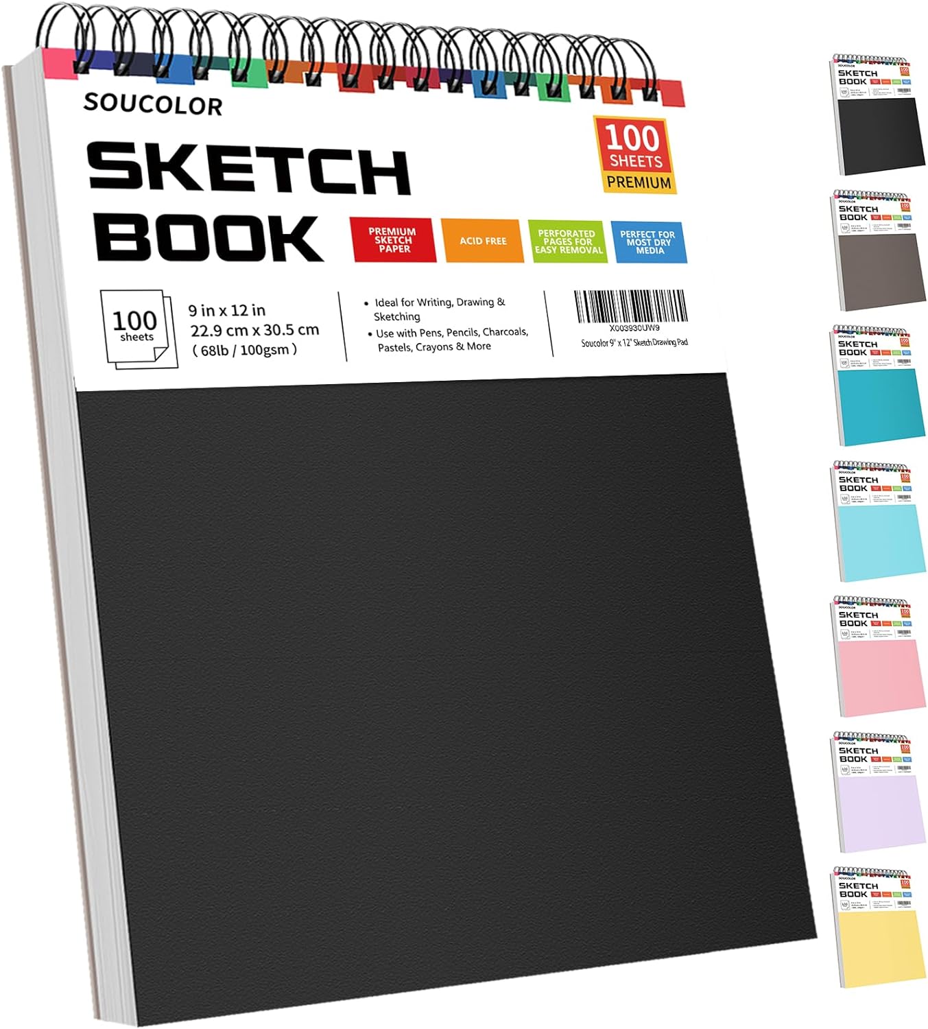 Soucolor 9" x 12" Sketch Book, 1-Pack 100 Sheets Spiral Bound Art Sketchbook, (68lb/100gsm) Acid Free Artist Drawing Book Paper Painting Drawing Writing Sketching Pad for Kids Adult Teens Girls Boys