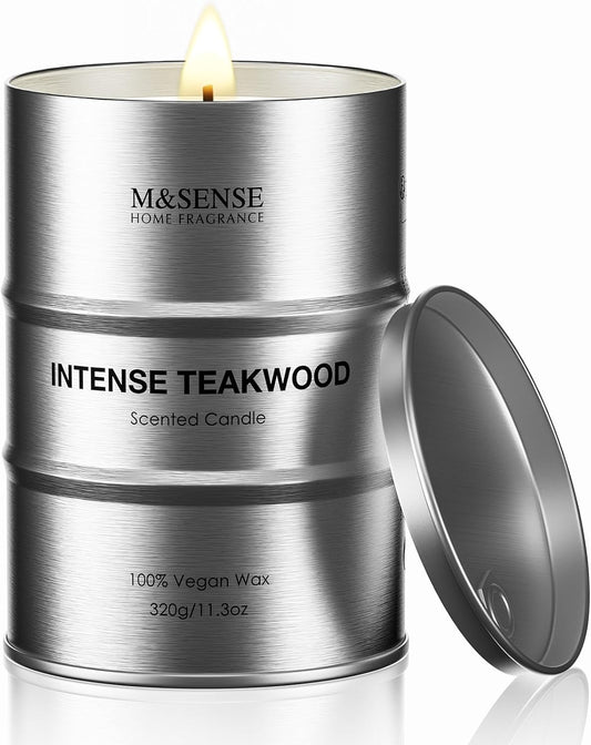 M&SENSE Scented Candle, Teakwood Medium Jar Candle Gifts for Men, 70 Hours Slow Burning Natural Soy Candles 11.3oz, Stress Relief Aromatherapy Candles Home Decor, Valentines Day Gifts for Him