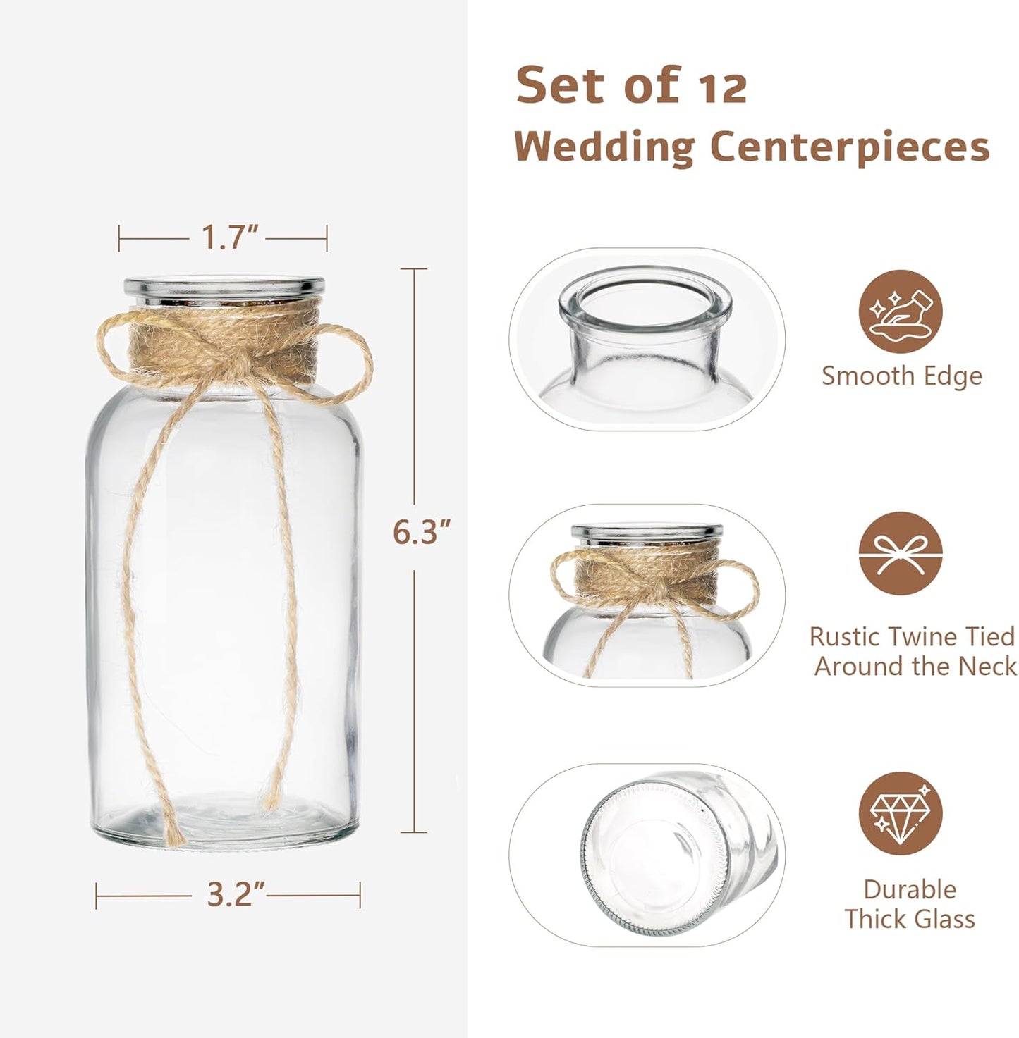 Set of 12 Vintage Glass Vases for Flowers Farmhouse Clear Glass Vases for Centerpieces Small Flower Vases with Twine Ties for Wedding, Parties & Home Decor