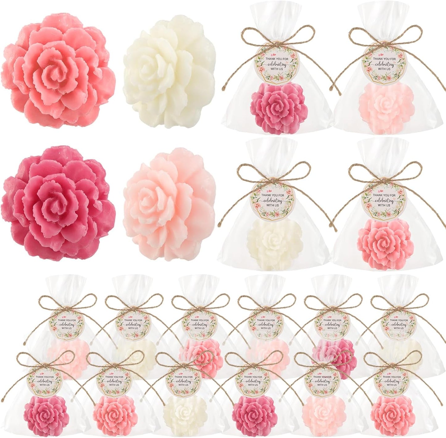 Demissle 20 Set Flower Mini Soaps for Guests Rose Soap Baby Shower Soap Favors with Thank You Tags for Wedding Bridal Guest Gift Party Favor(Dark Pink)
