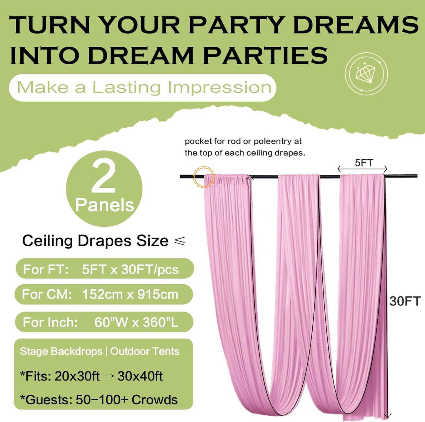 PartyVillage 2 Panels 5ftx30ft Baby Pink Ceiling Drapes for Wedding Parties – 30 FT Extra Long Thick Polyester Wrinkle-Free Drapery Tent Decor Decorations for Birthday Party Ceremony Stage Swag