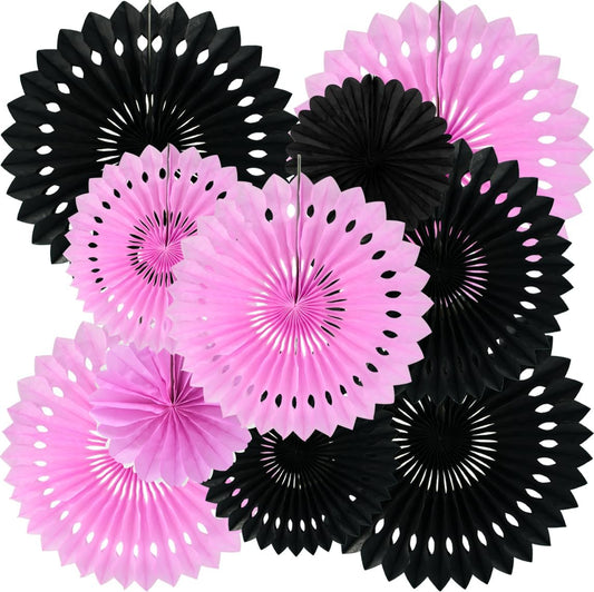 BEISHIDA Pink Black Hanging Honeycomb Round Paper Fans Decoration Bachelorette Theme Tissue Paper Fan Garland for Bridal Shower Women Girls Birthday Wedding Party Supplies（10packs）