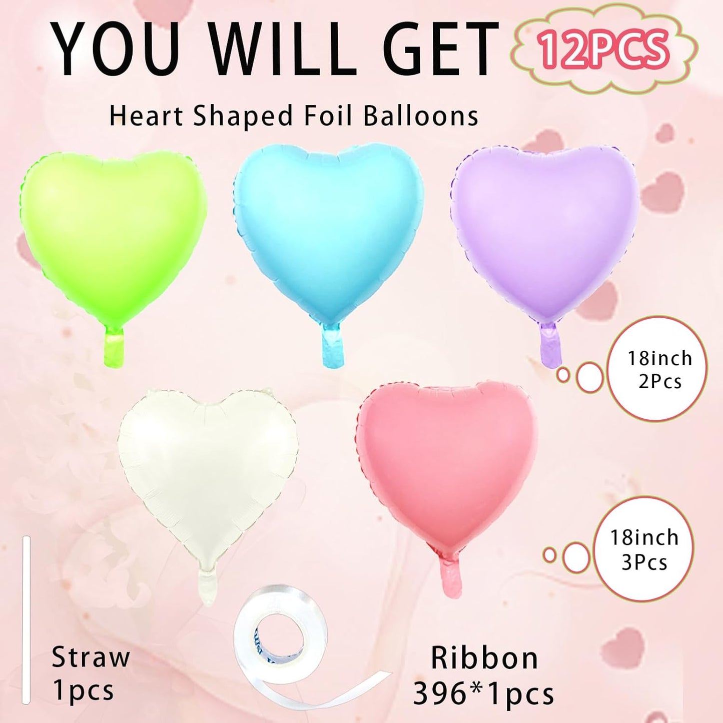 5 Colors Heart Balloons,18inch Heart Shaped Foil Balloons & Helium Mylar Balloon for Anniversary Wedding Engagement Birthday Party Baby Shower Valentines Day Decorations(12Pcs)