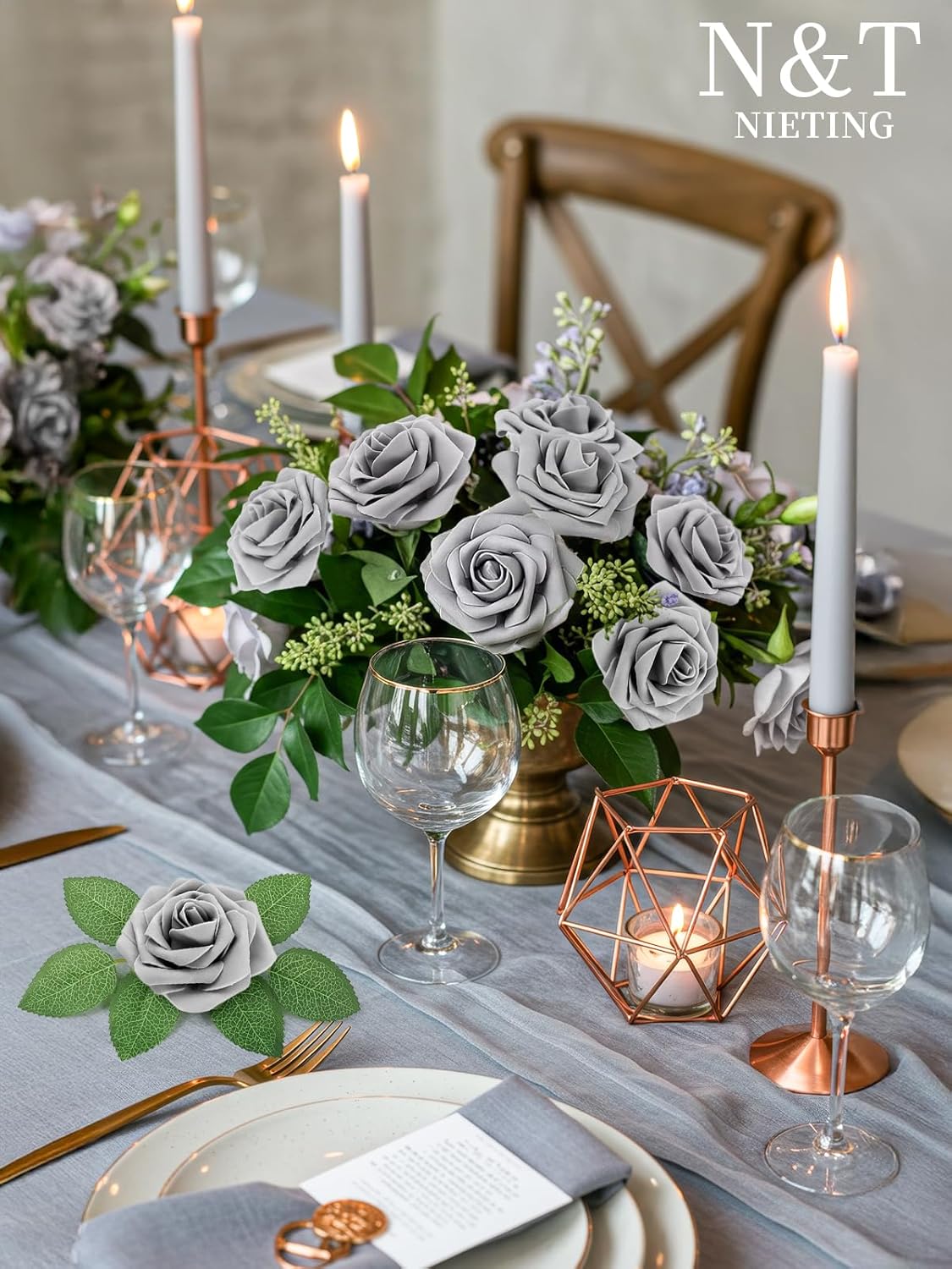 N&T NIETING Artificial Rose, 50pcs Gray Fake Foam Flowers with Stems for Wedding Party Baby Shower Cake Decoration, Home Display