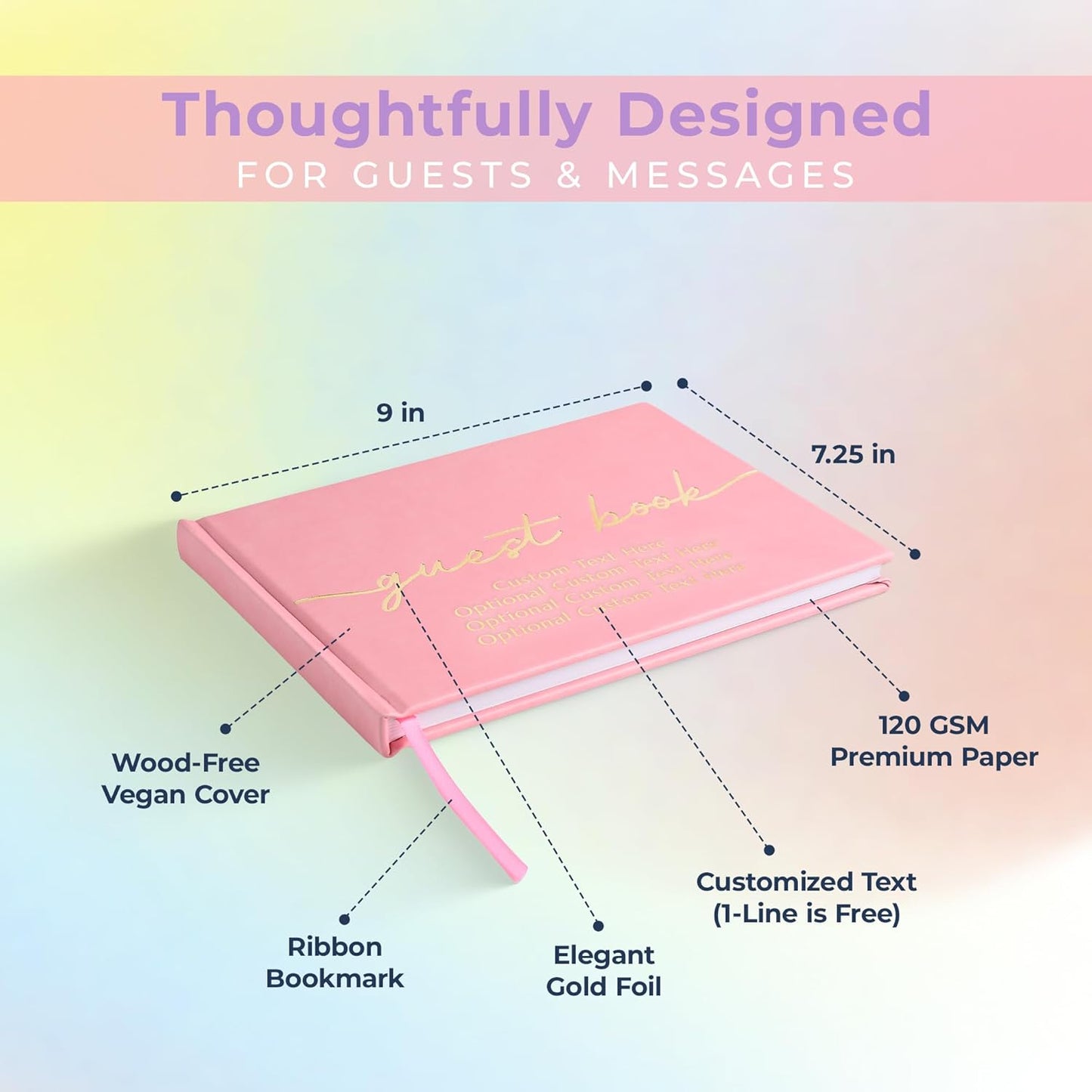 Promot Personalized Guestbook for Party (Pastel Pink) - 110 Lined Pages in Wood-Free Vegan Leather Hard Cover - Wedding Guest Book Sign in and Photos, Baby Shower, Birthday or Graduation