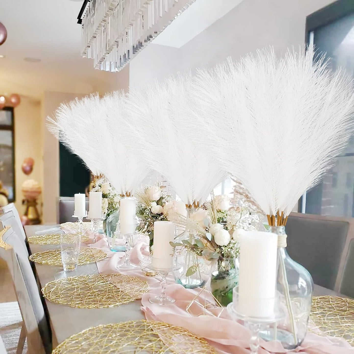 50pcs White Faux Pampas Grass Decor, 21.6" Short Artificial Pompous Grass Floral Fake Pompas Grass Branches Vase Filler Flower Arrangement for Home Wedding Boho Decor