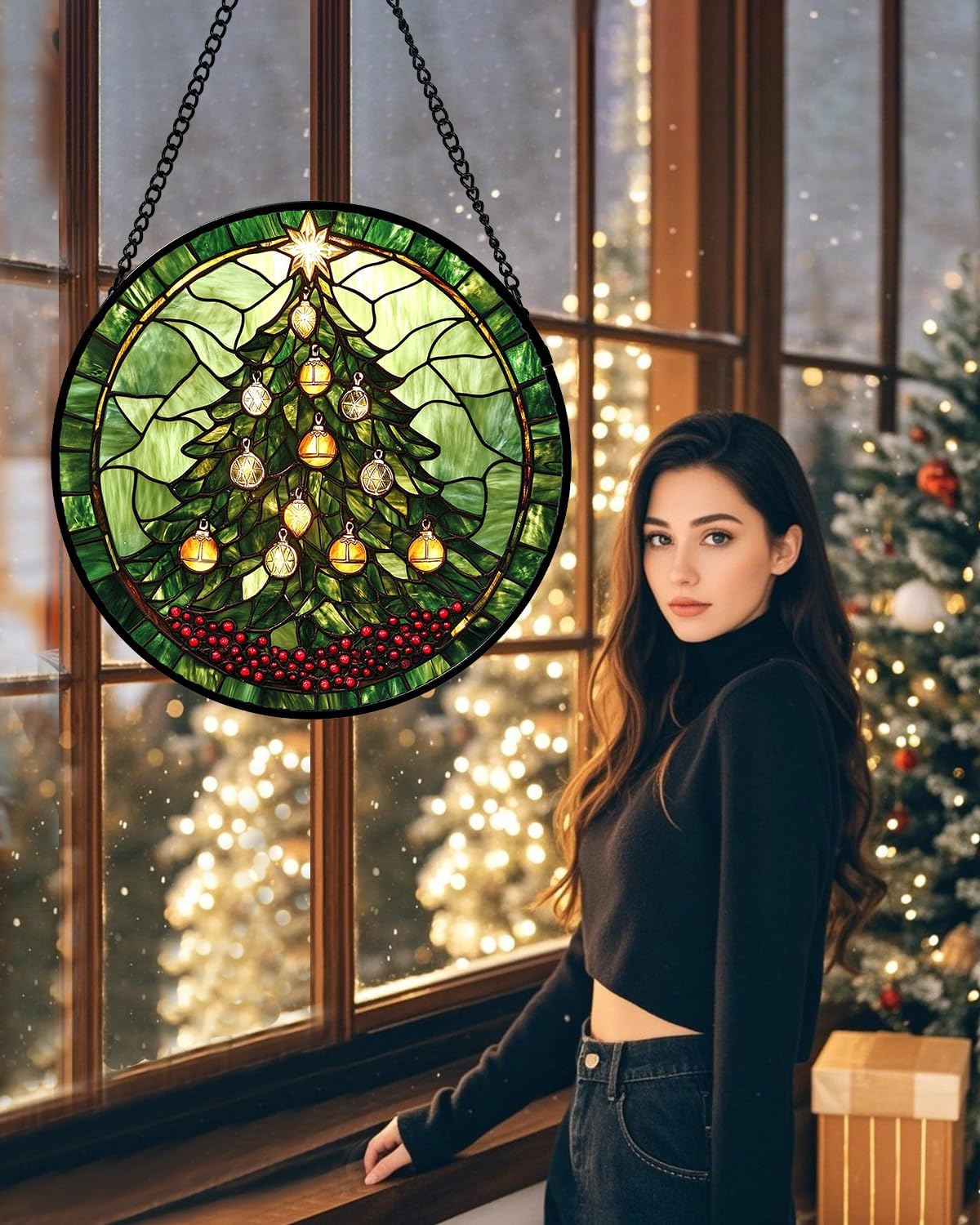 Stained Glass Window Hanging - Green Christmas Tree Golden Bells Suncatcher for Doors Home Christmas Decoration Sun Catcher Thanksgiving New Year Birthday Gift for Women Men Mom Nana 15 in
