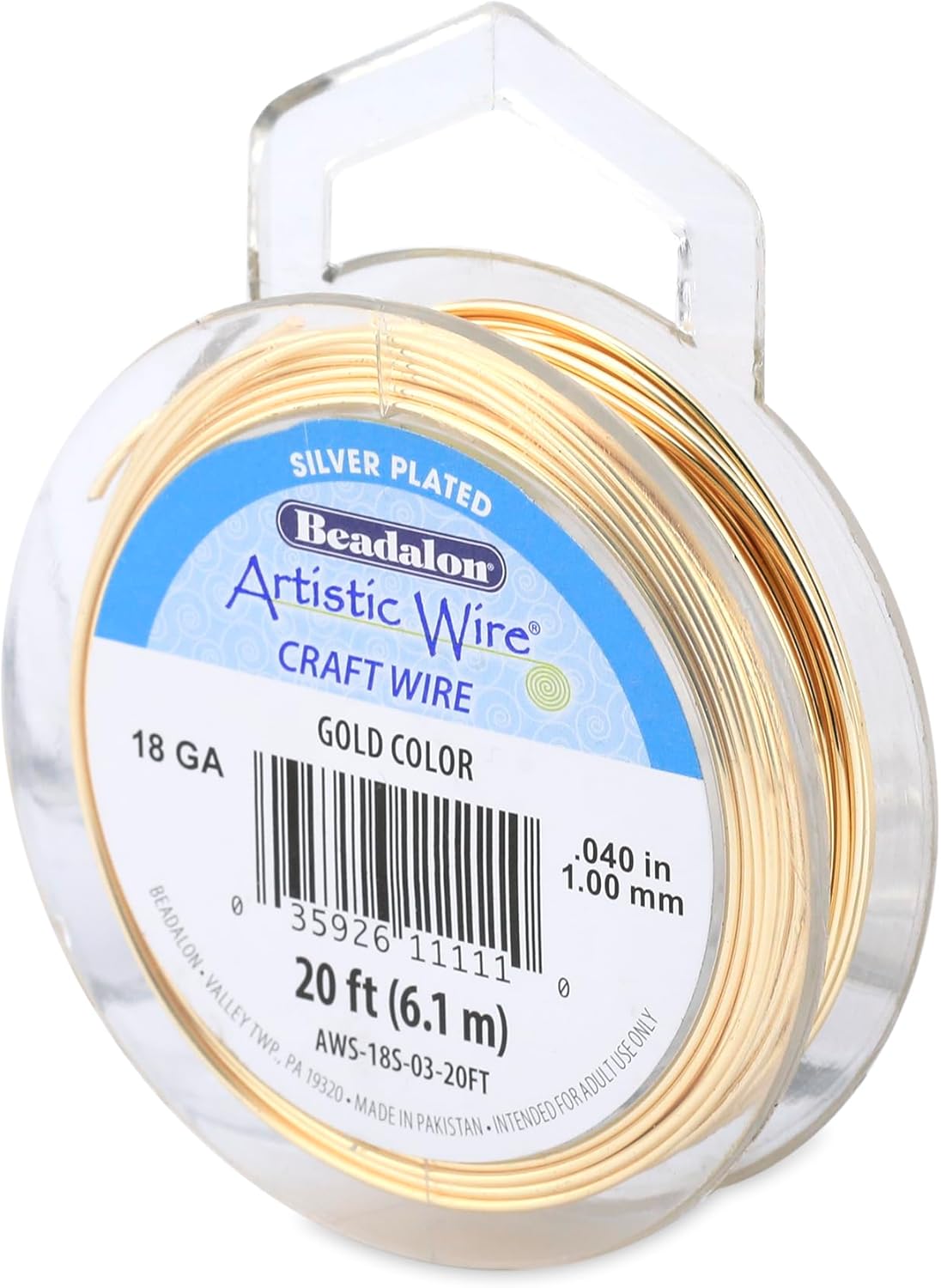 Artistic Wire, 18 Gauge Silver Plated Tarnish Resistant Colored Copper Craft Wire, Gold Color, 20 ft
