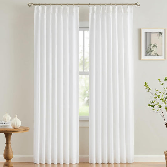 Vision Home White Pinch Pleated Semi Sheer Curtains Textured Light Filtering Window Curtains 102 inch for Living Room Bedroom Rayon Blended Pinch Pleat Drapes with Hooks 2 Panels 40" Wx102 L