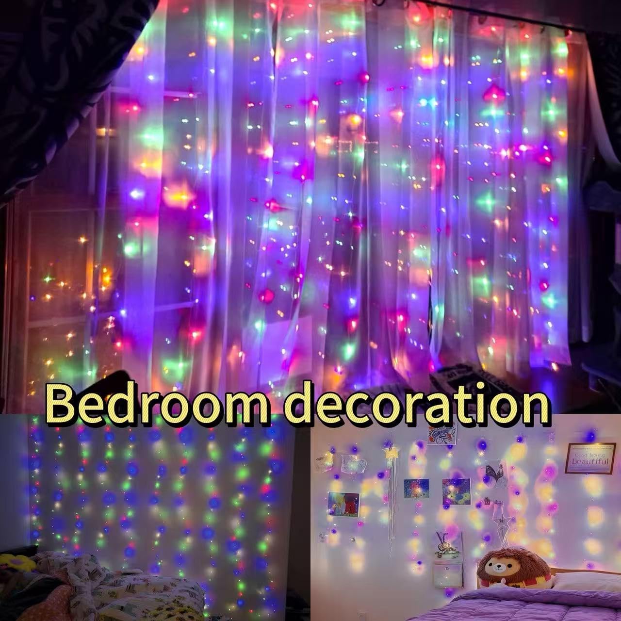 300LED Fairy Curtain Lights, 9.8x9.8Ft Warm White USB Plug in 8 Modes & Timer Christmas String Hanging Lights with Remote for Bedroom Indoor Outdoor Weddings Party Wall Decorations(Multicolor)