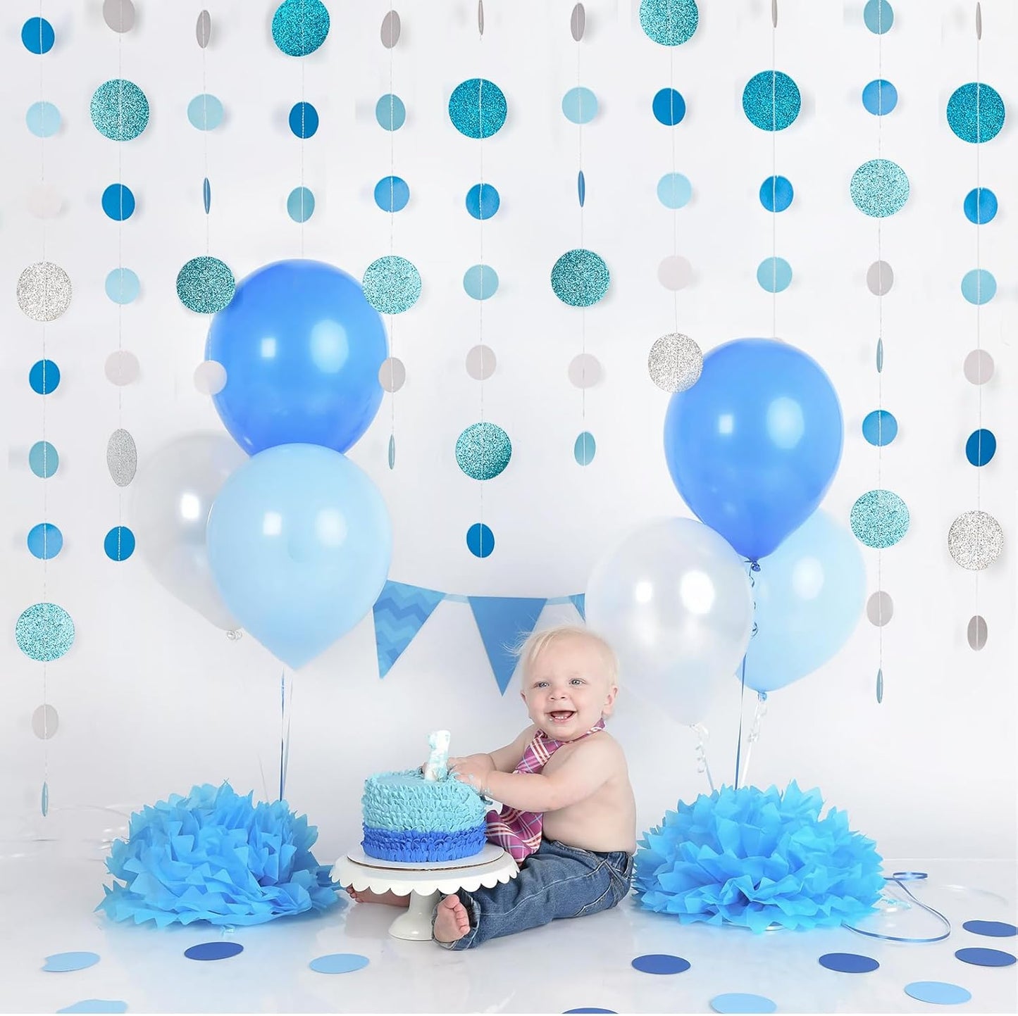 8 Pack Blue Glitter Dot Garland, Hanging Circle Streamers Banner, Backdrop Hanging Decorations for Baby Showers, Weddings, Birthday Parties, Winter Celebrations, and Holiday Decorations