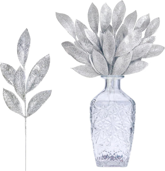 GREENTIME 12 Pack Artificial Silver Glitter Leaves 13" Fake Christmas Picks Decorative Glitter Sticks for Vase Christmas Tree DIY Wreath Crafts Fireplace Decor
