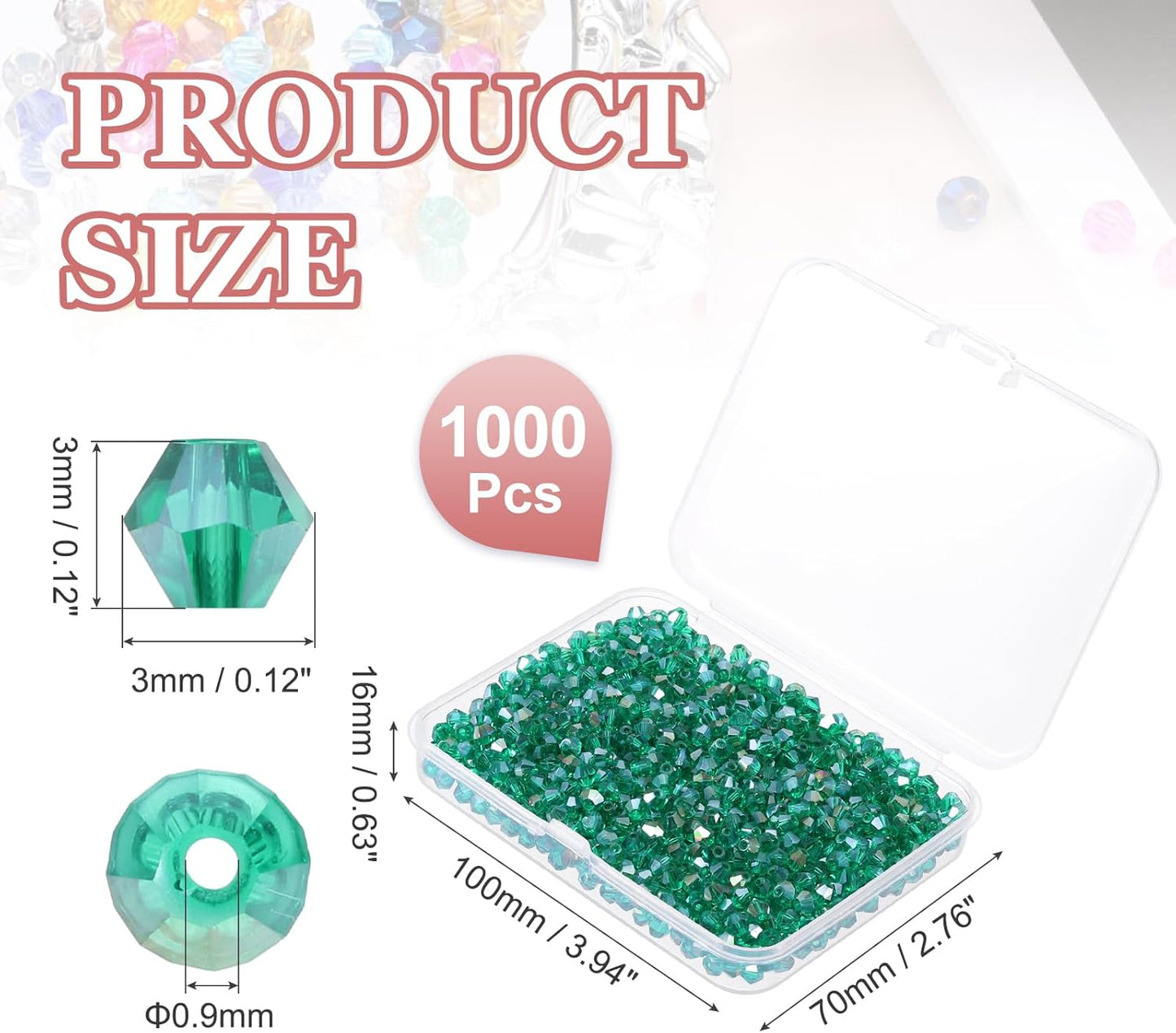 PATIKIL 1000pcs 3mm Bicone Glass Crystal Beads, Faceted Glass Spacer Beads with Box for Jewelry Making Bracelet Necklace Earrings DIY Suncatcher Craft, Green AB