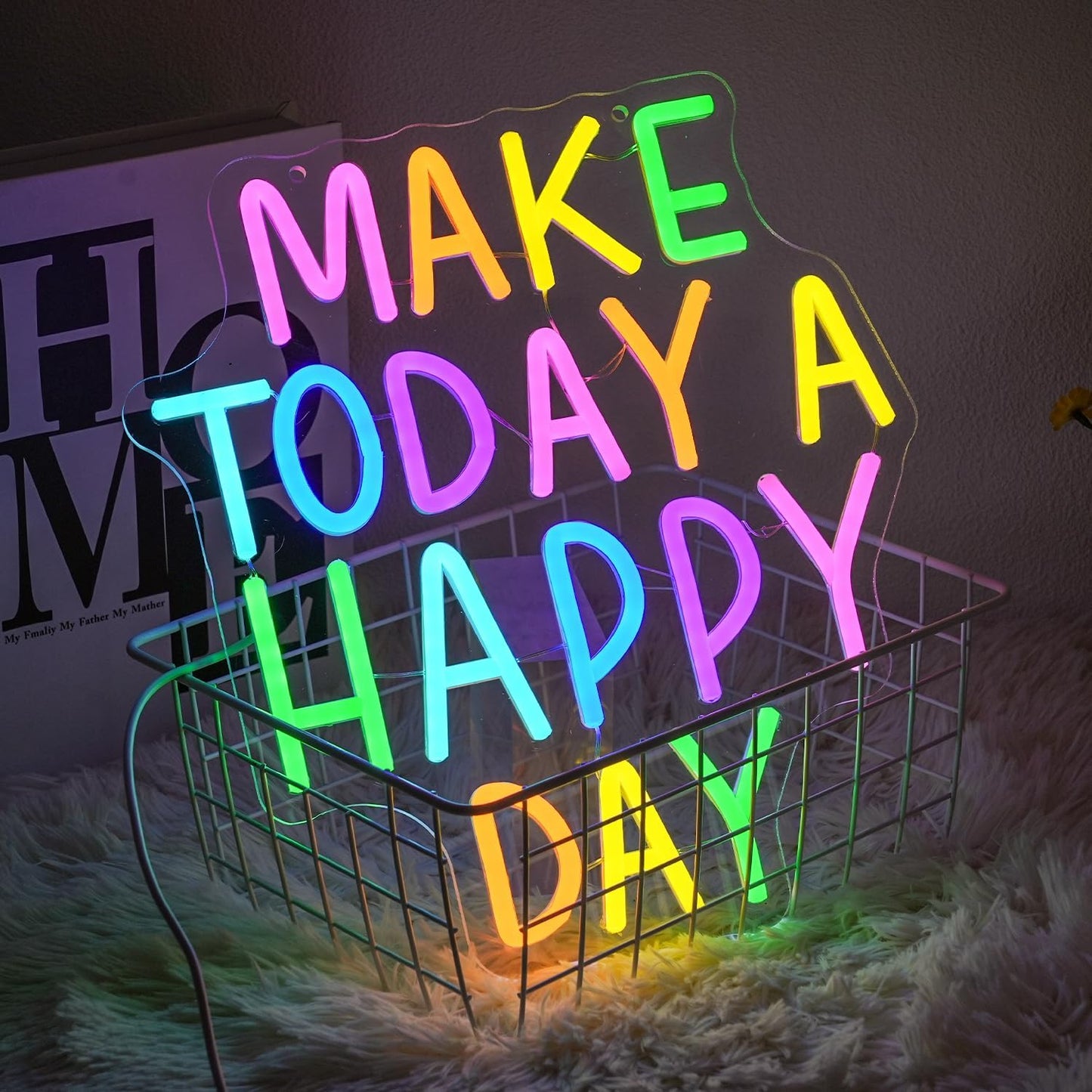 Make Today A Happy Day Neon Sign, Inspirational Colorful Letter Neon Light for Wall Decor, Dimmable Motivation LED Light Sign for Bar Cafe Restaurant Office Living Room Wedding
