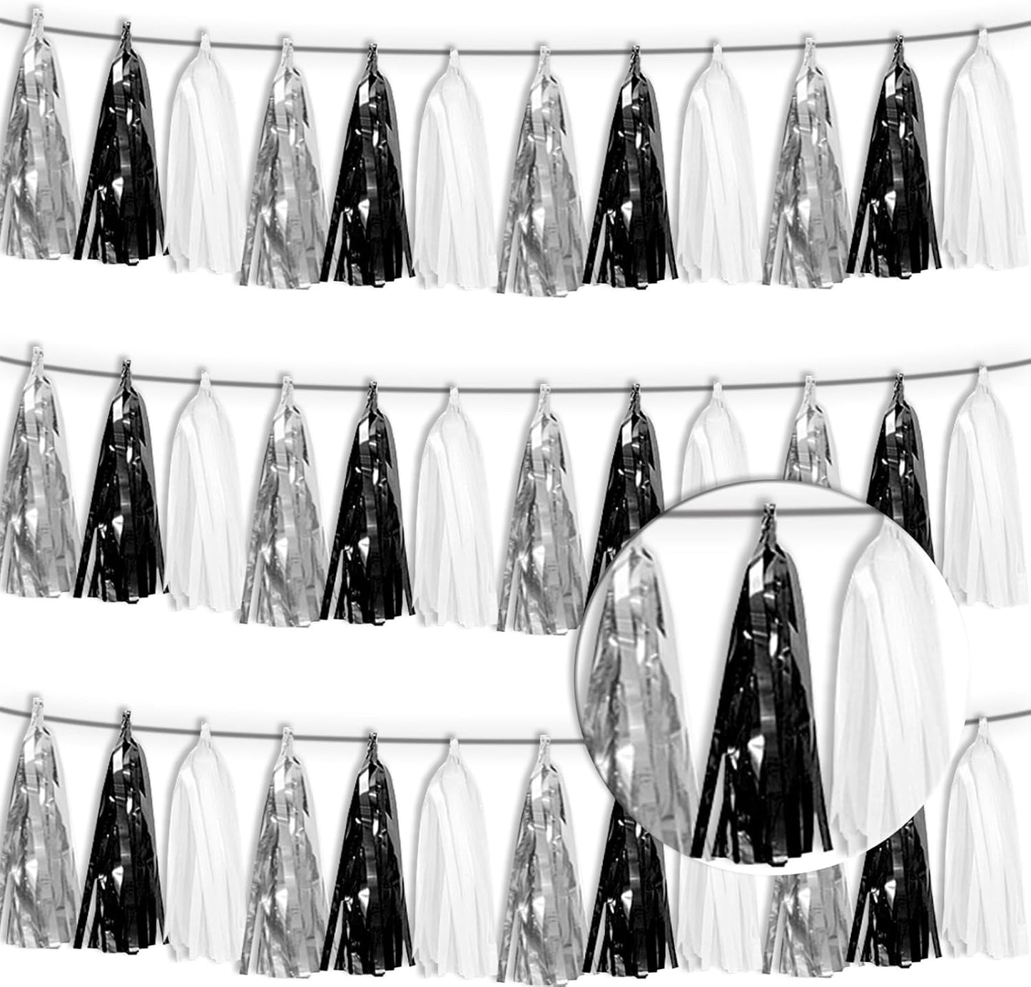3P Black Silver White Metallic Fringe Tassel Banner Garland Foil Tinsel Streamer Wall Hanging Curtain Backdrop Banner for Parade Floats, Graduation Decorations, Halloween, Christmas Decorations