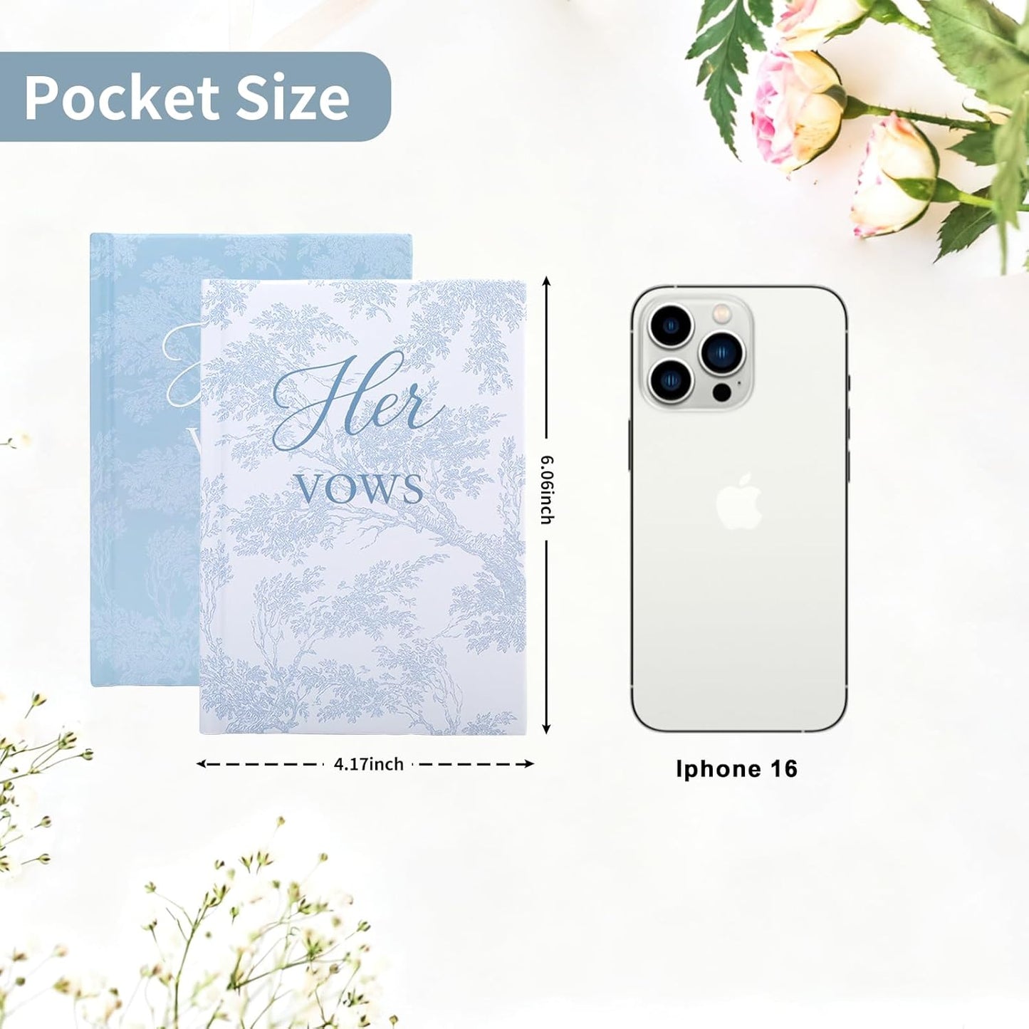 His and Hers Vow Books for Wedding, 2 Pack Hardcover Vows Book with Toile-Inspired Design, 48 Sheets 120gsm Thick Paper, Elegant Wedding Ceremony Stuff, 4.13" × 6", Blue