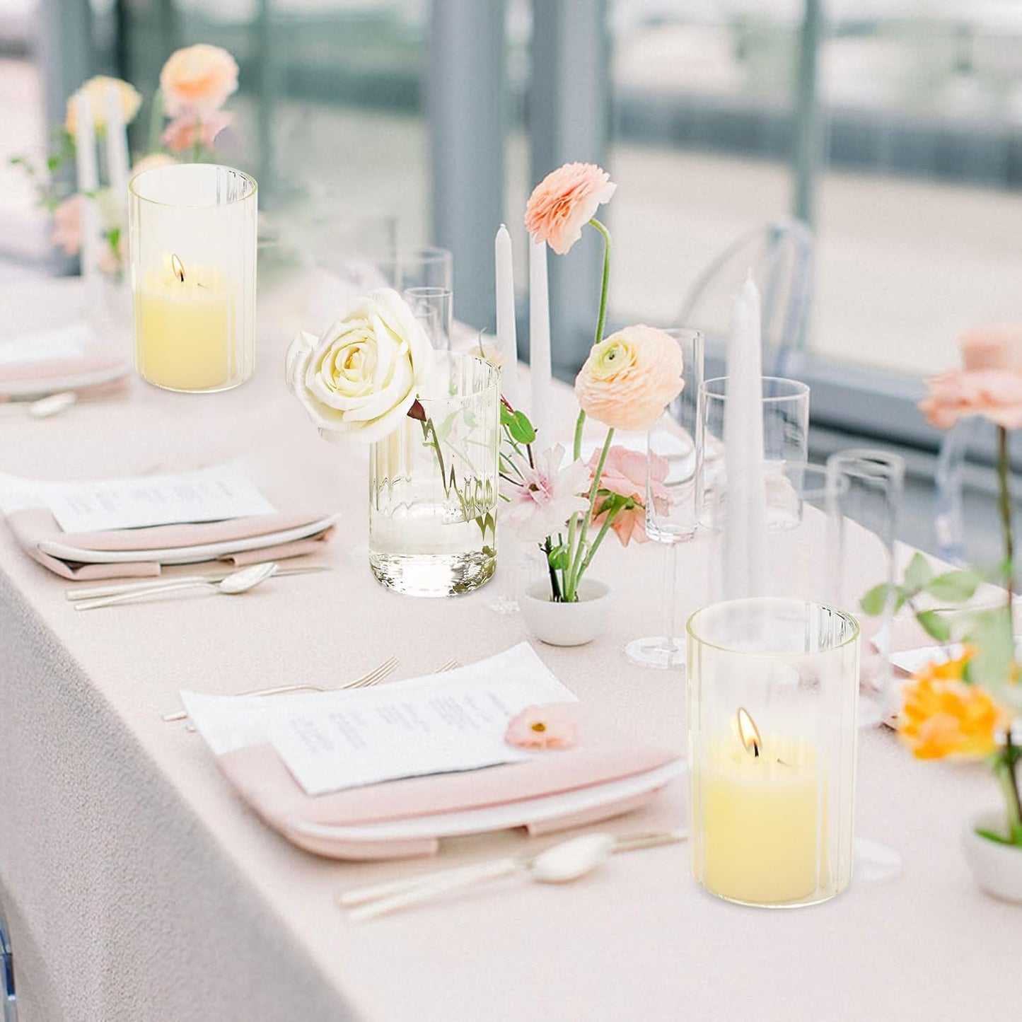 Glass Cylinder Vases Set of 6 Clear Ribbed Glass Vases for Flowers,6 inch Tall Modern Floating Candle Vase Decor, Decorative Hurricane Candle Holders for Home Wedding Table Centerpieces Decor