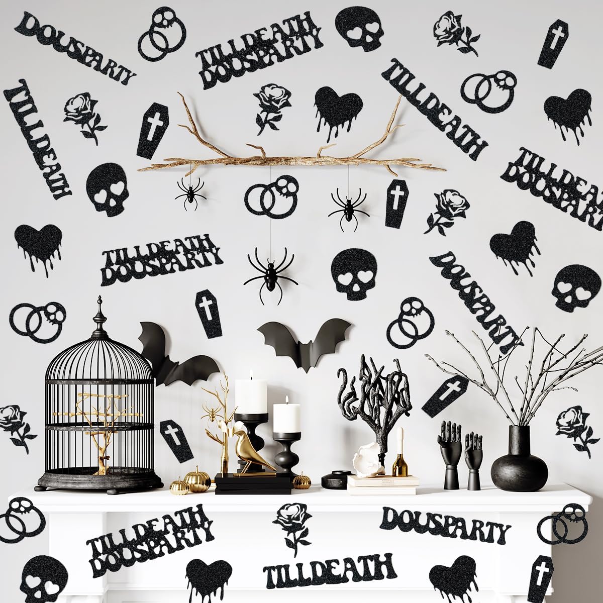Till Death Do Us Party Confetti, Glitter Halloween Bachelorette Party Table Decorations, Skull Ring Heart Confetti for Gothic Halloween Bachelorette Weeding Bridal Shower Party Decorations（115pcs）