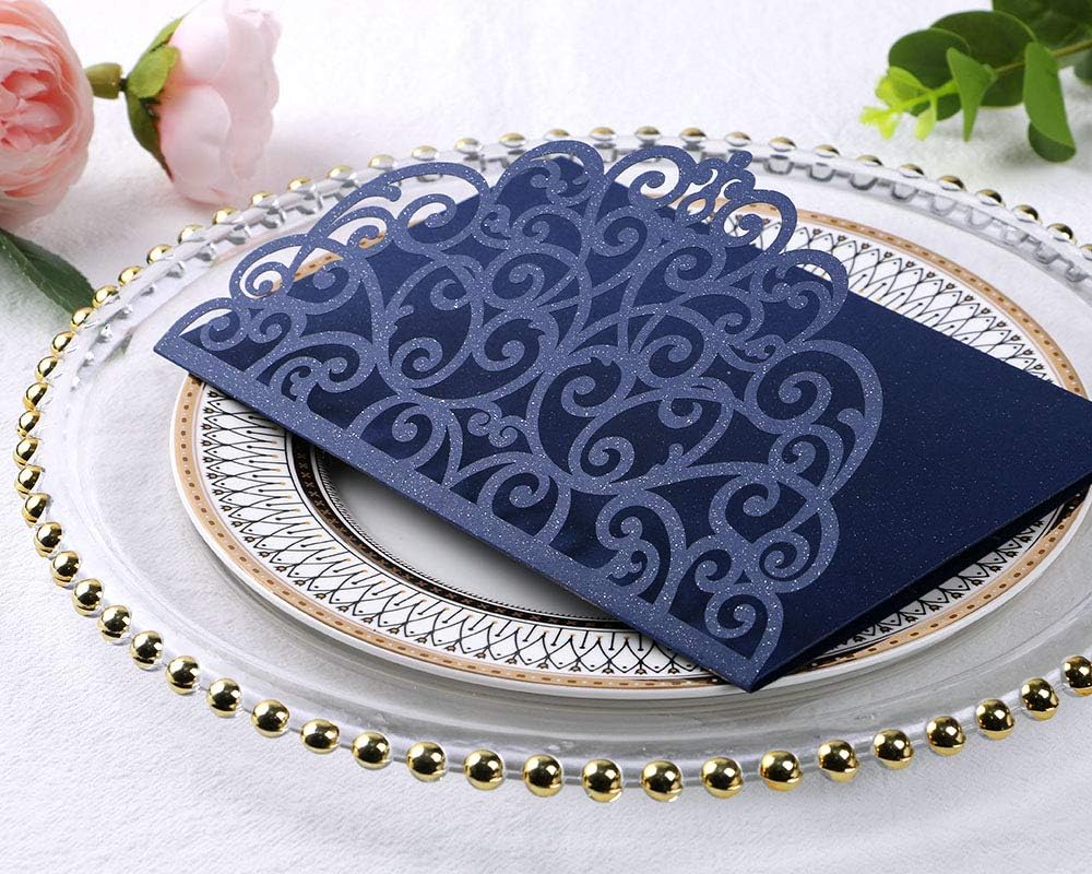 PONATIA 5.12 x 7.2 Laser Cut Invitation Pocket, 20PCS Tri-Fold 5 x 7 Laser Cut Wedding Invitation Pockets with Envelopes for Wedding Bbay Shower Birthday Sweet 16 Invite (Navy Blue, No Inner Sheet)