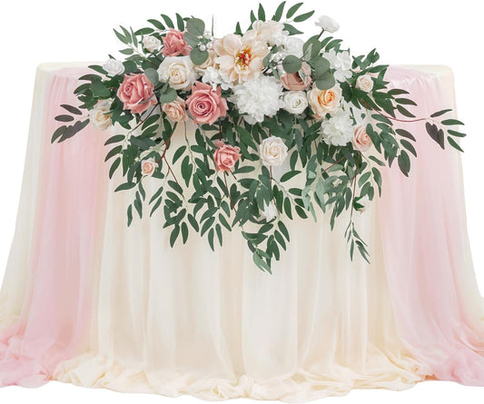 TINGE TIME Artificial Sweetheart Flower Swag with Table Cloth and Table Runner, Pack of 3 Floral Arrangement for Wedding Sweetheart Table Centerpiece Decoration (Dusty Rose & Champange)