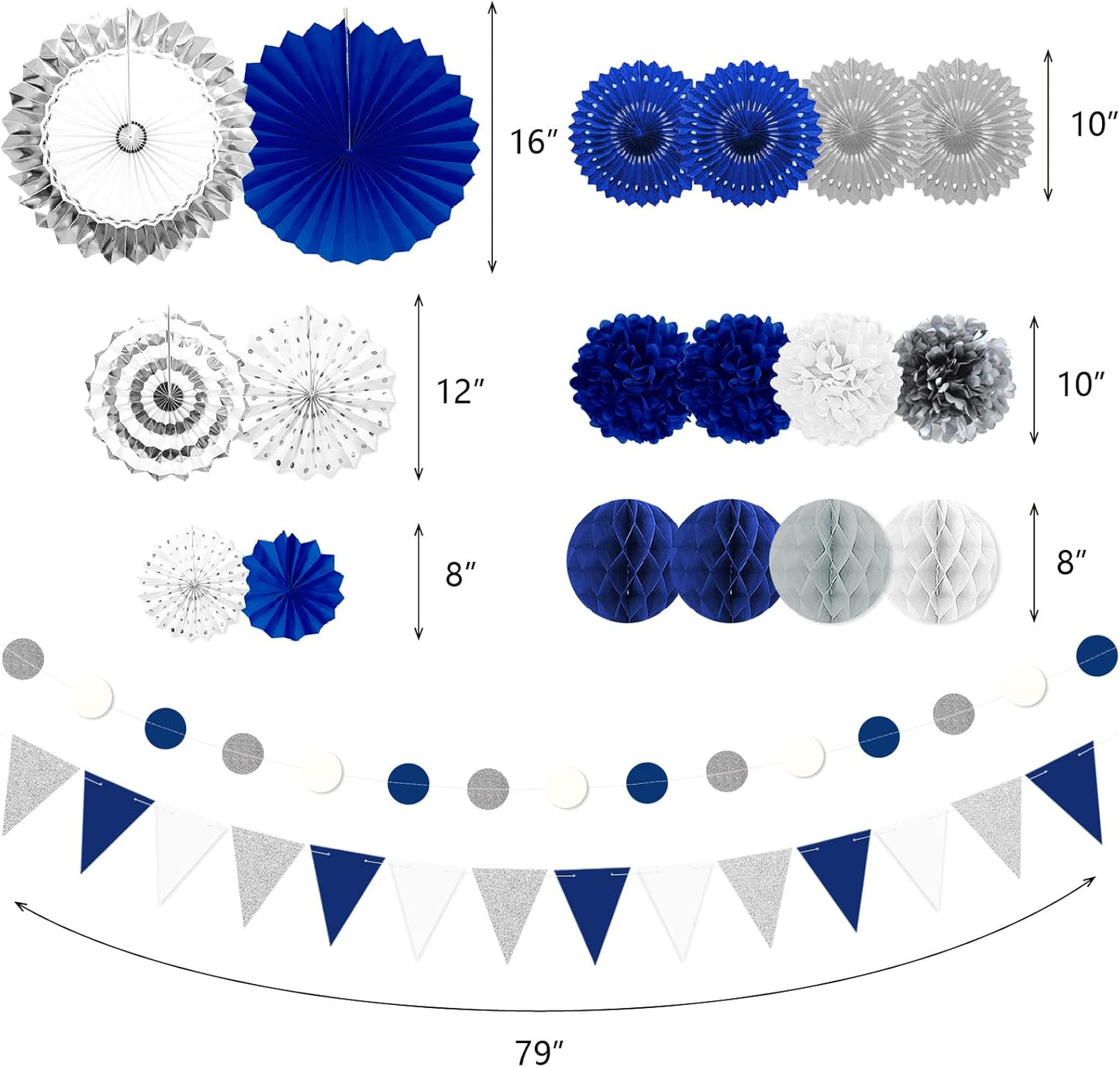 Blue and Sliver Party Decorations, 23Pcs Blue Birthday Decorations with Hanging Paper Fans, Pom Poms Flowers Packs for Graduation Party,Boy Birthday, Baby Shower