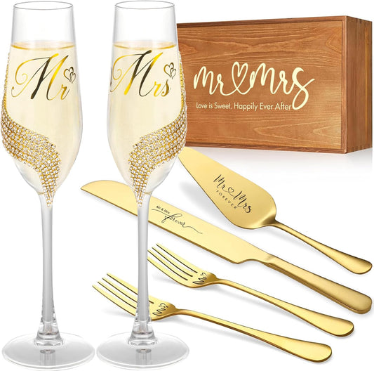 Wedding Cake Knife and Server Set, Gold Mr and Mrs Champagne Flutes and Cake Cutting Set for Wedding Bridal Shower Gifts (Gold)