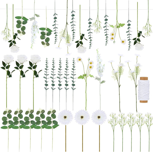 Hoteam 26 Pcs DIY Flower Garland Artificial Hanging Wildflower Backdrop Set Fake Rose Eucalyptus Daisy Poppy Wild Flower Decor for Wedding Party Birthday Home Garden (White)