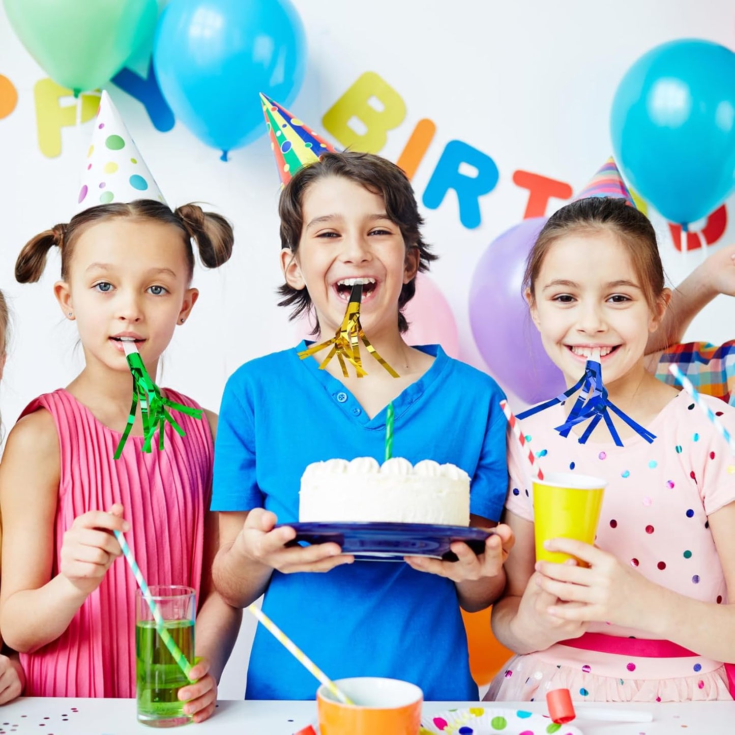 Party Blowers, 24 PCS New Years Noise Makers, Gold Glitter Metallic Fringed Party Favors Blowouts, Blow Horns Whistles for Kids Birthday Graduations Christmas Weddings Family Sporting Events Supplies