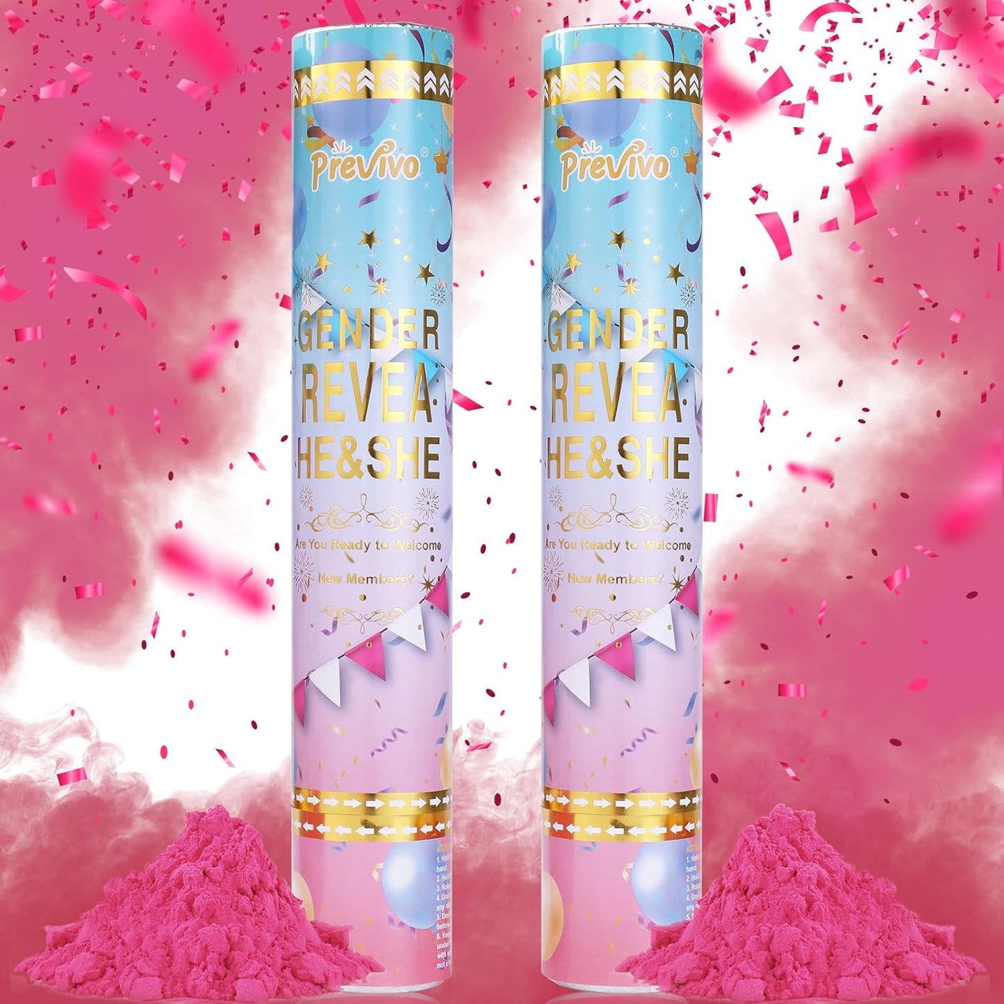 Previvo Gender Reveal Confetti Powder Cannon - 2 Pack Pink Baby Gender Reveal Poppers - 100% Biodegradable Powder Smoke - Ideas Party