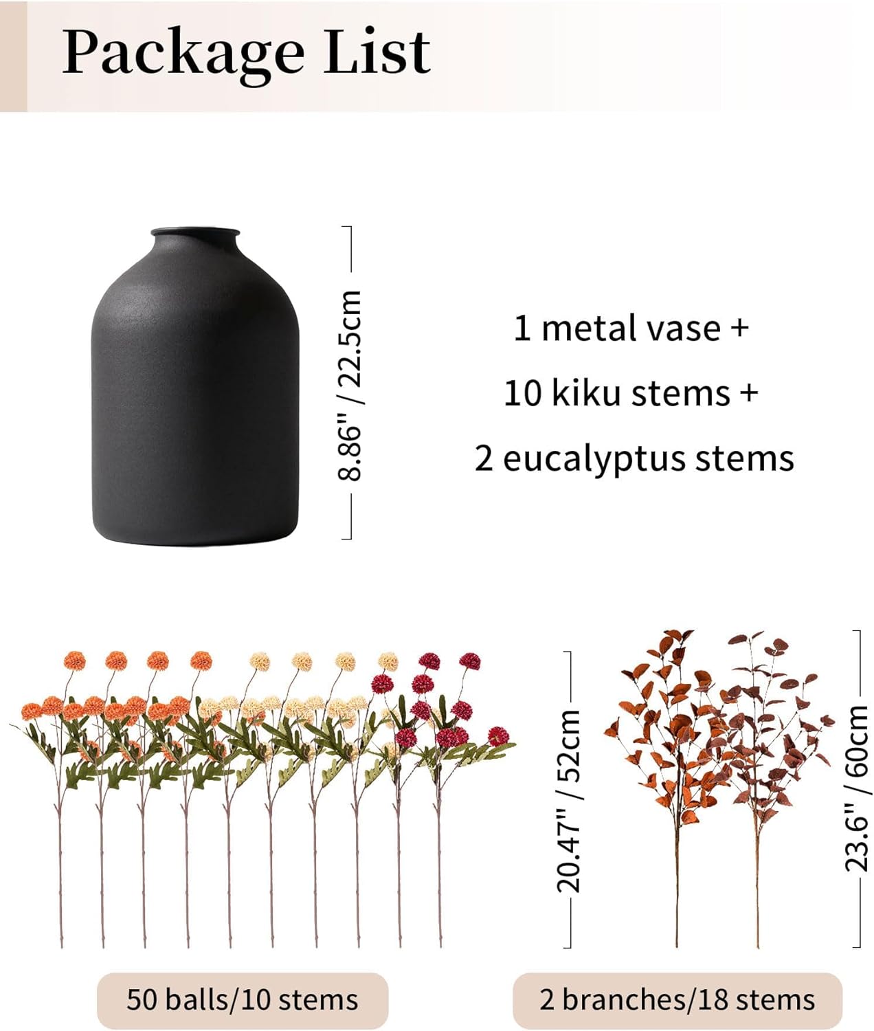 BLOSMON Fall Flowers in Vase for Centerpieces: Metal Vase with 12 Stems of Fake Mums Kiku Flowers Eucalyptuses Home Thanksgiving Table Decoration - Burnt Orange Artificial Pom Poms Floral Arrangement