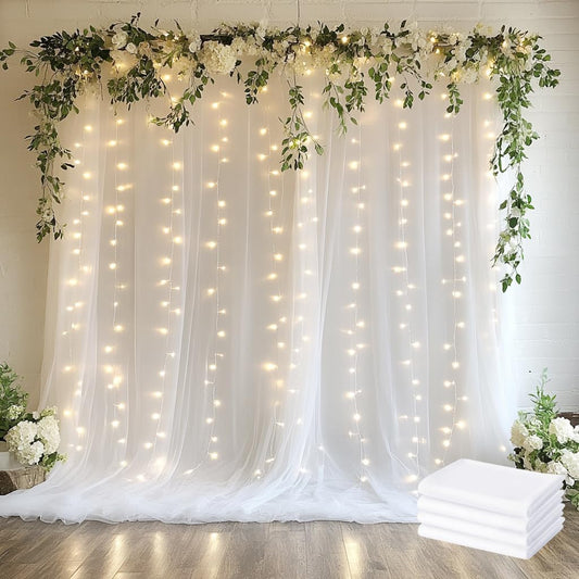 Tulle Backdrop Curtain with Lights String 20 X 10FT White Sheer Tulle Backdrop Curtains for Wedding Birthday Party Reception Photo Booth Background Decorations (4 Panels 5x10FT)