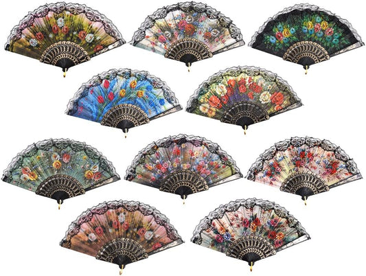HUNANBANG 1 Dozen 12 Pieces Folding Hand Fans Church Wedding Gift, Party Favors, DIY Decoration Gift Size9 Wholesale 12pack (Flower)