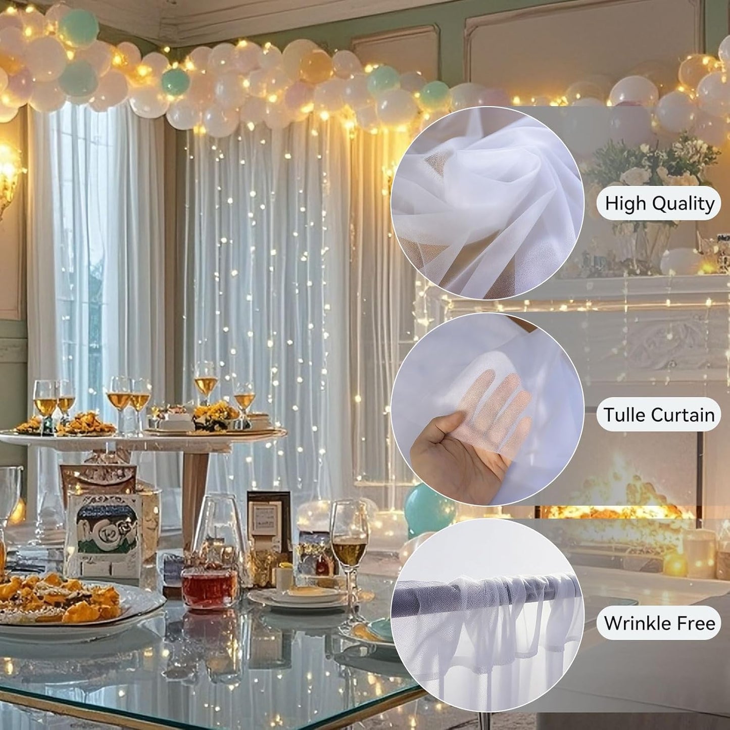 Ledido 10×8ft Tulle Backdrop Curtains with Lights String - 300LED Fairy Lights Sheer Curtain Backdrop for Weddings Baby Shower and Birthday Party Decorations(6 Panels 5×8ft)