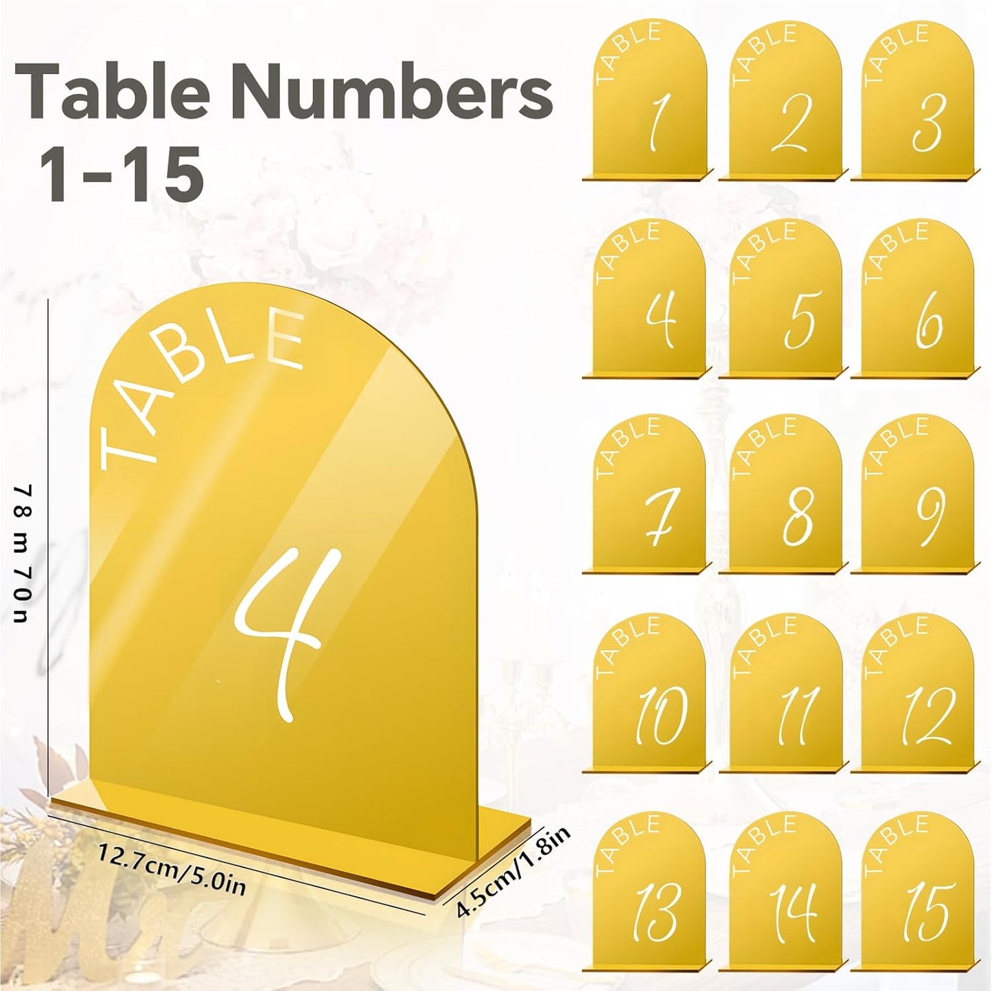 Gold Wedding Table Numbers 1-15 w/Stands: Gold Mirror Arch 5x7 Acrylic Display Signs and Holders - Perfect for Wedding Receptions, Party, Anniversaries, and Events